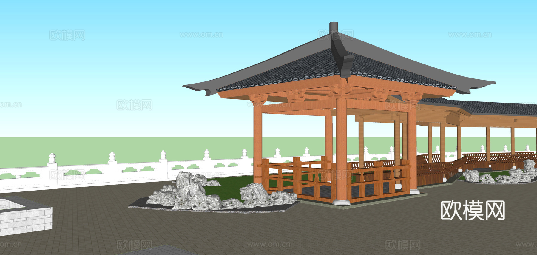 中式古建长廊su模型下载