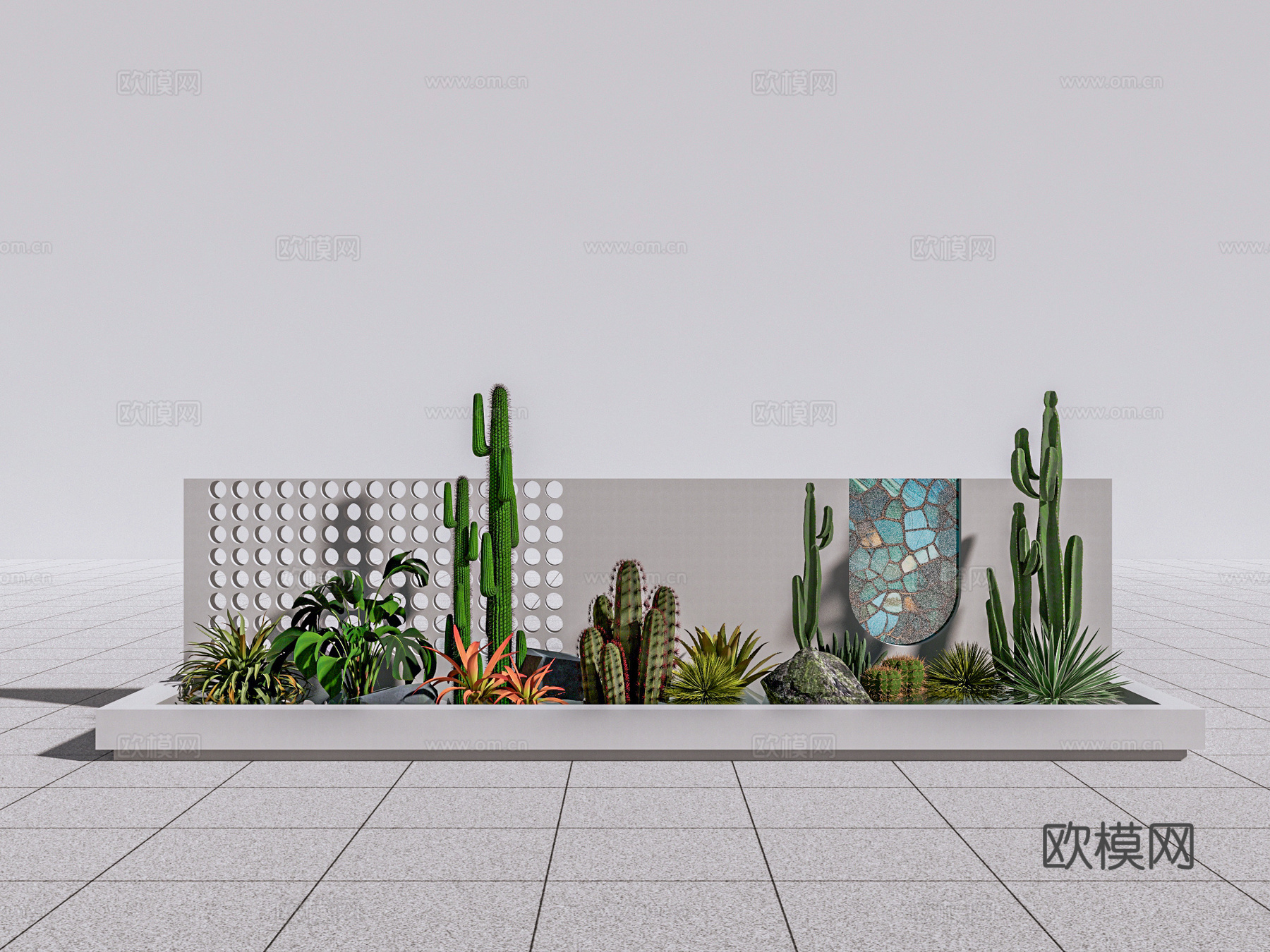 现代简约 镂空景墙 沙生植物 入口景墙 庭院景墙 别墅景墙su模型下载