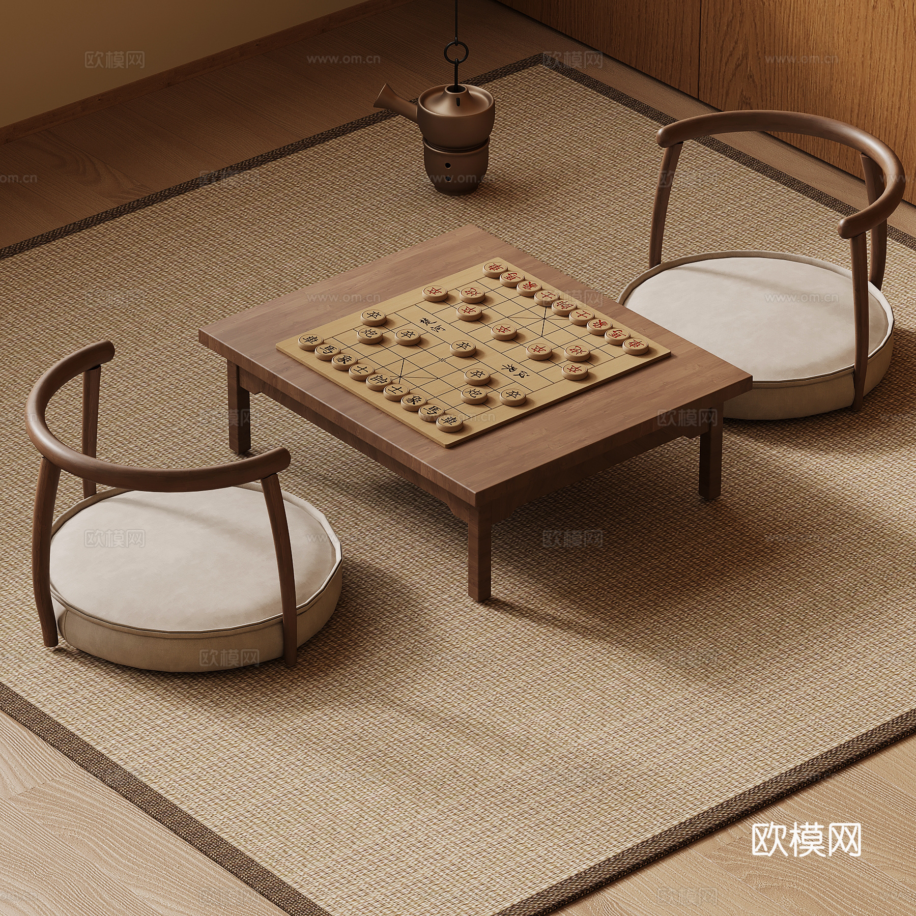 新中式榻榻米茶台 围棋su模型