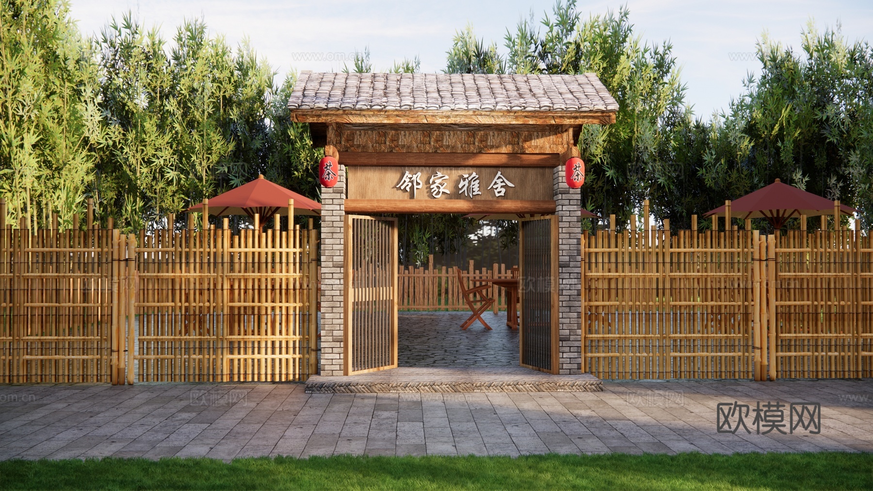 新中式民宿庭院门 农家乐大门 居家小院 院落门头 农庄大门 民居大门su模型下载