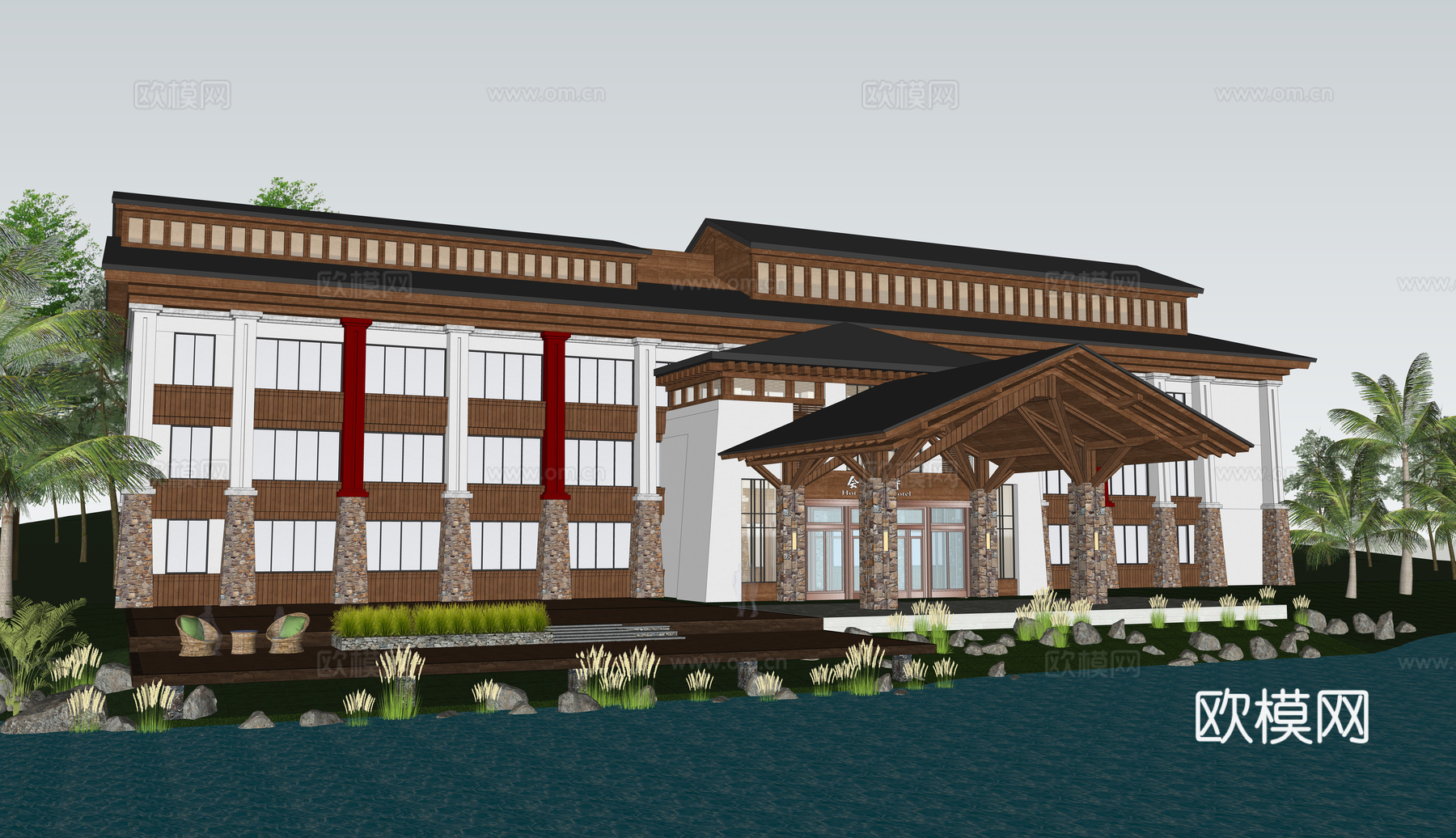 新中式乡村民宿建筑外观su模型下载
