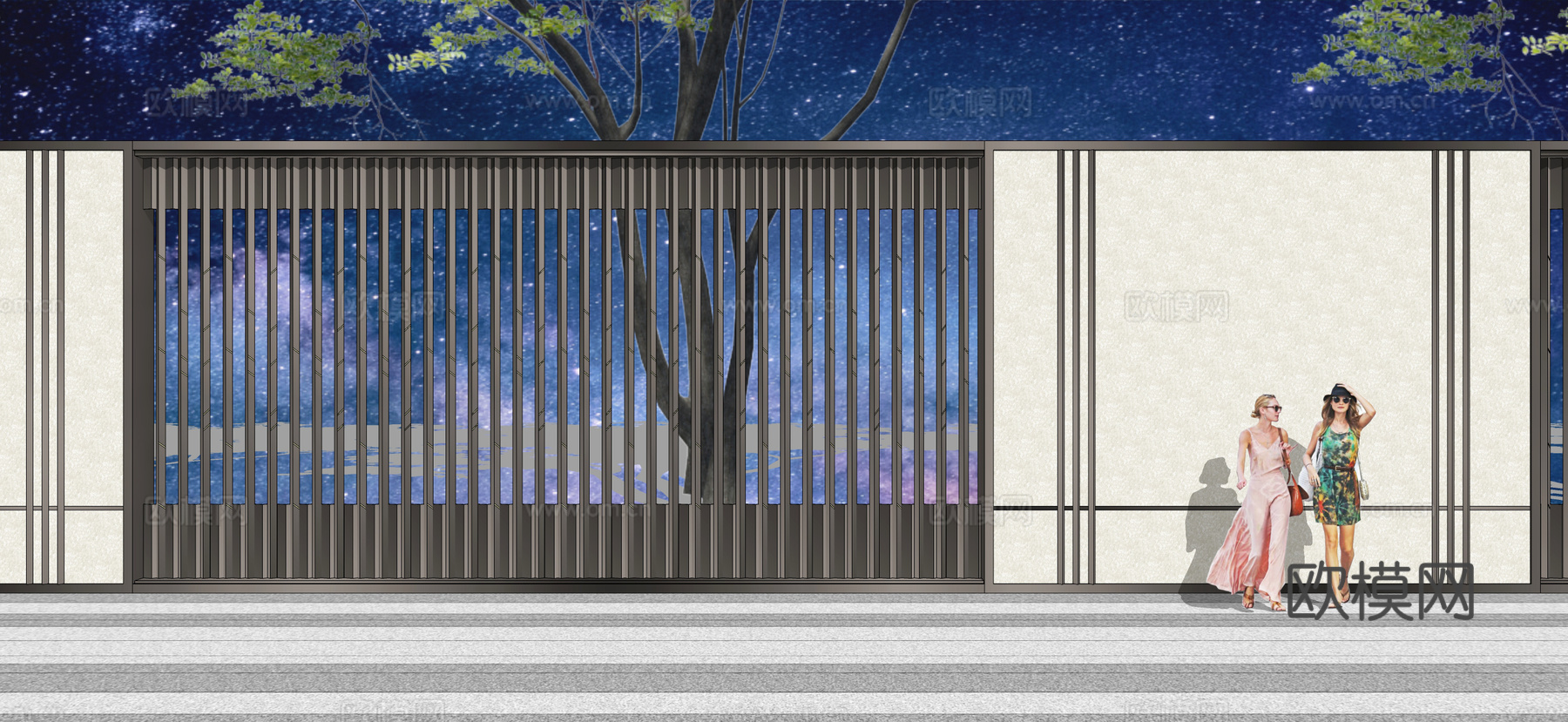 新中式景墙围墙 金属格栅围墙 展示区景墙su模型下载