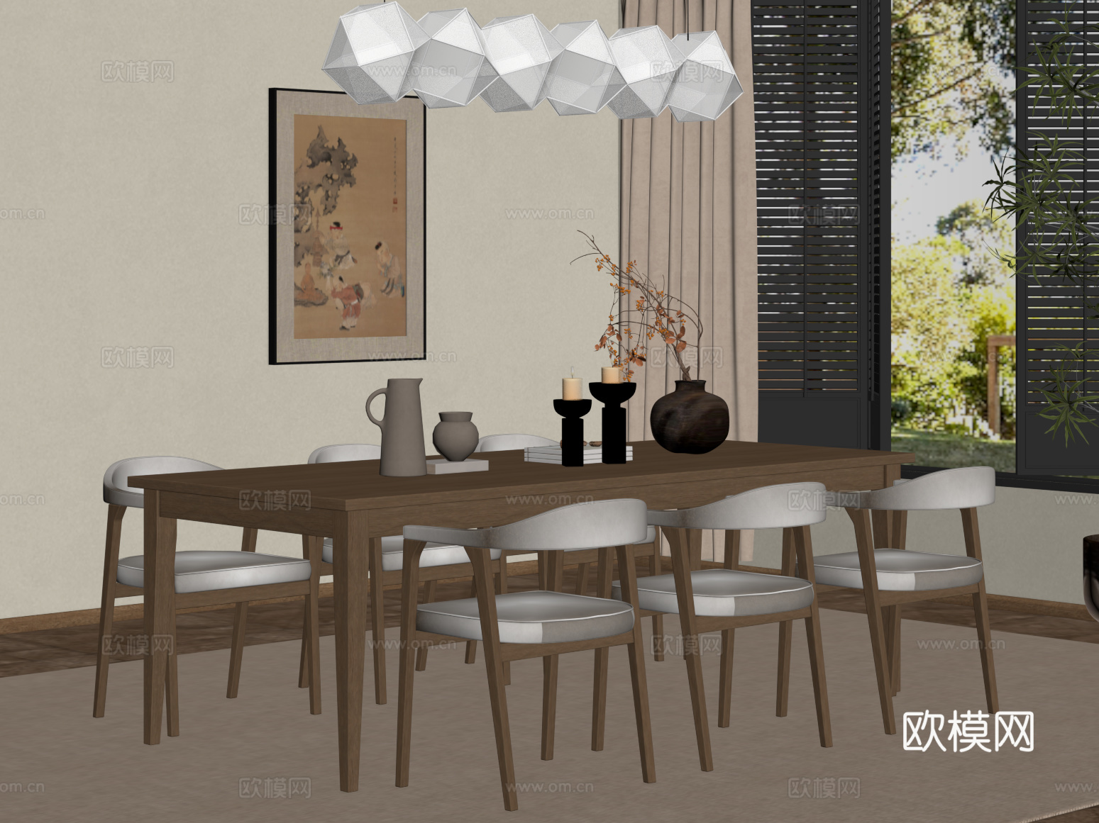 餐桌 宋式风餐桌椅组合 吊灯 挂画su模型