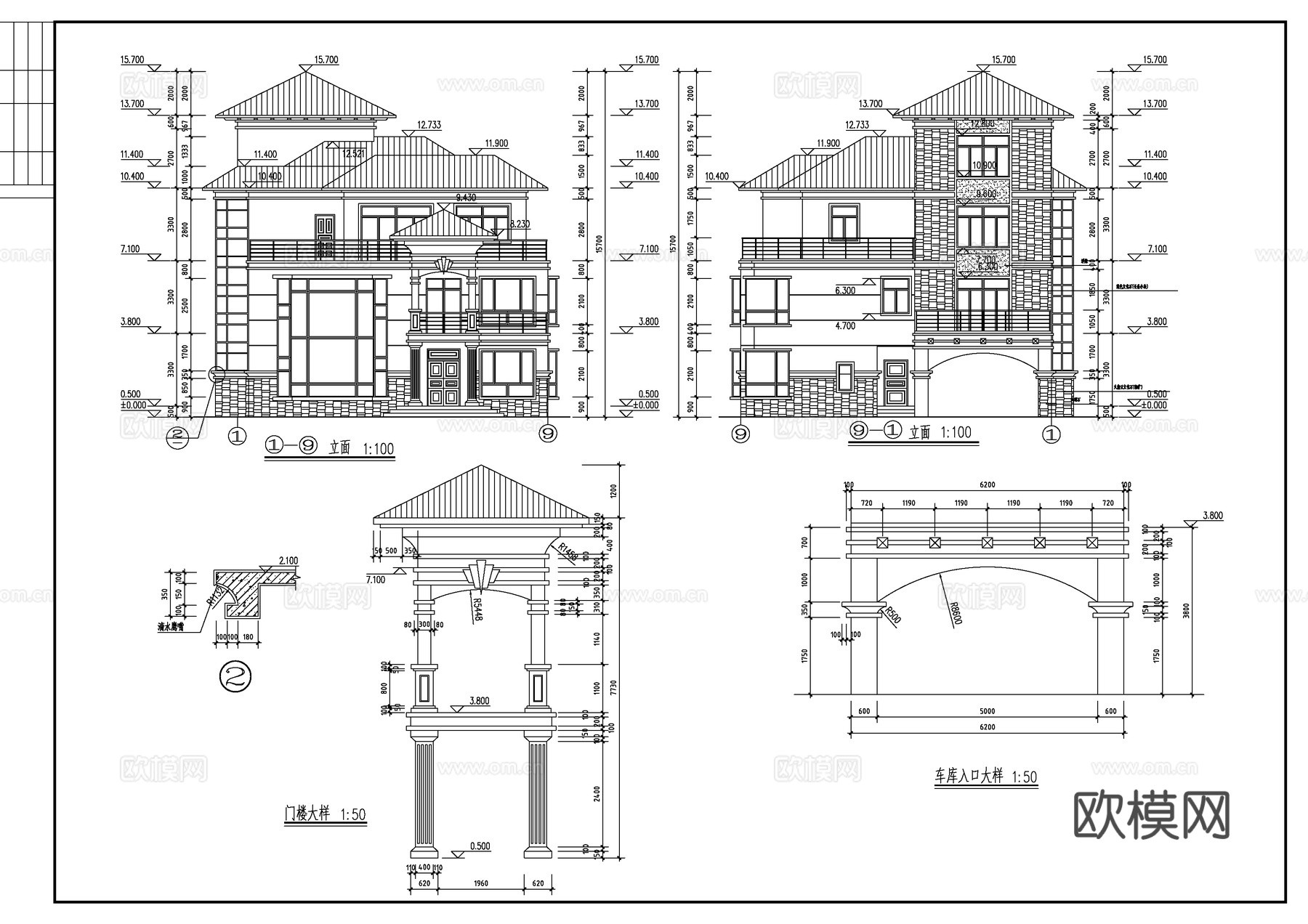 两套仿古别墅建筑CAD施工图cad施工图