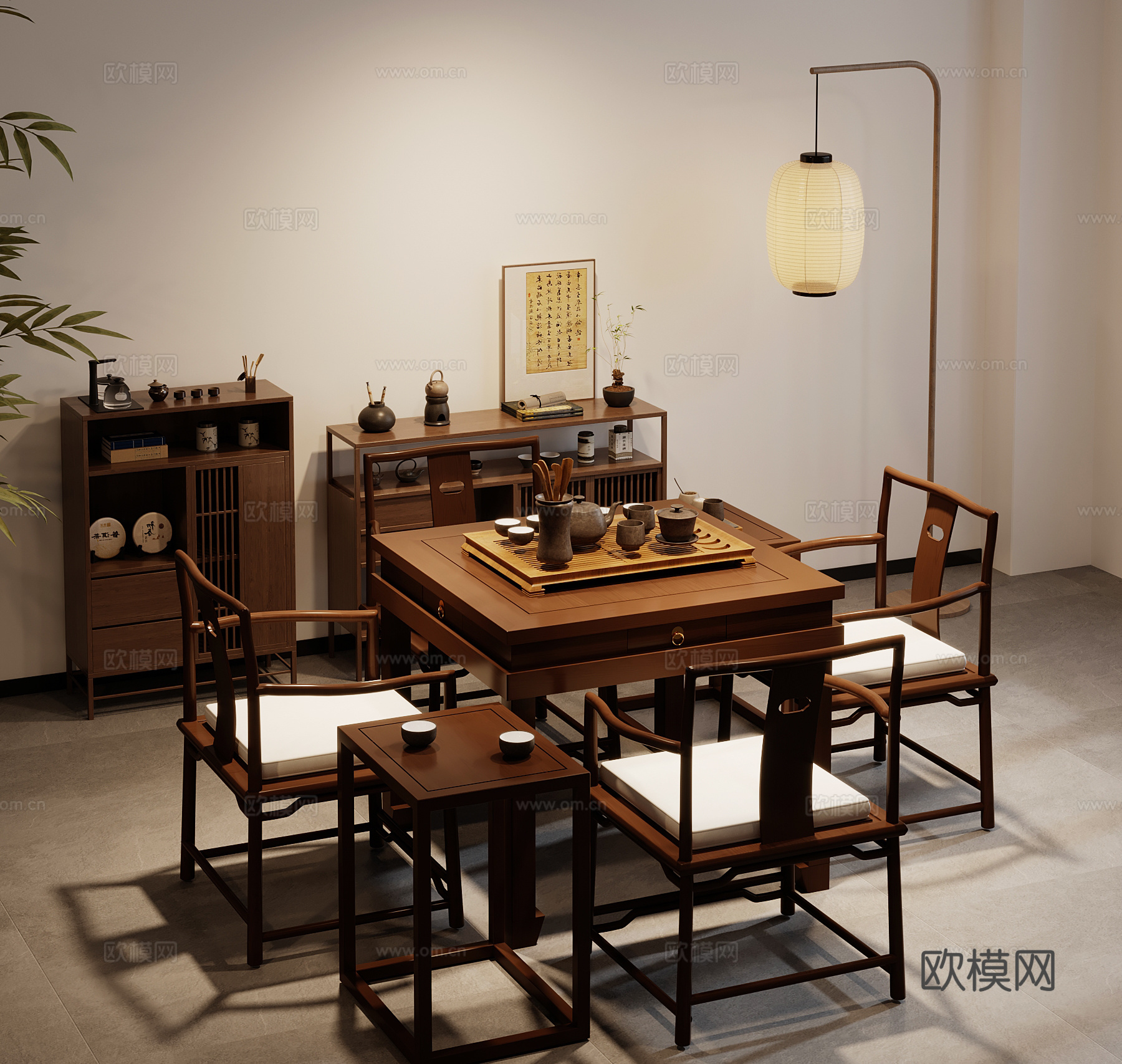 31新中式茶桌椅 博古架 落地灯3d模型下载