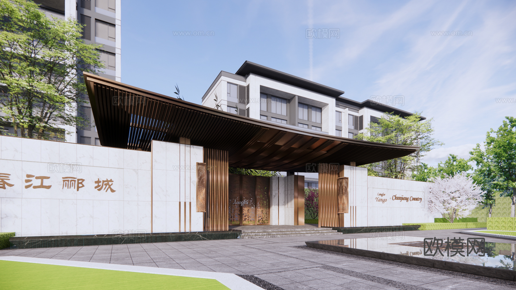 新中式小区住宅景观su模型下载