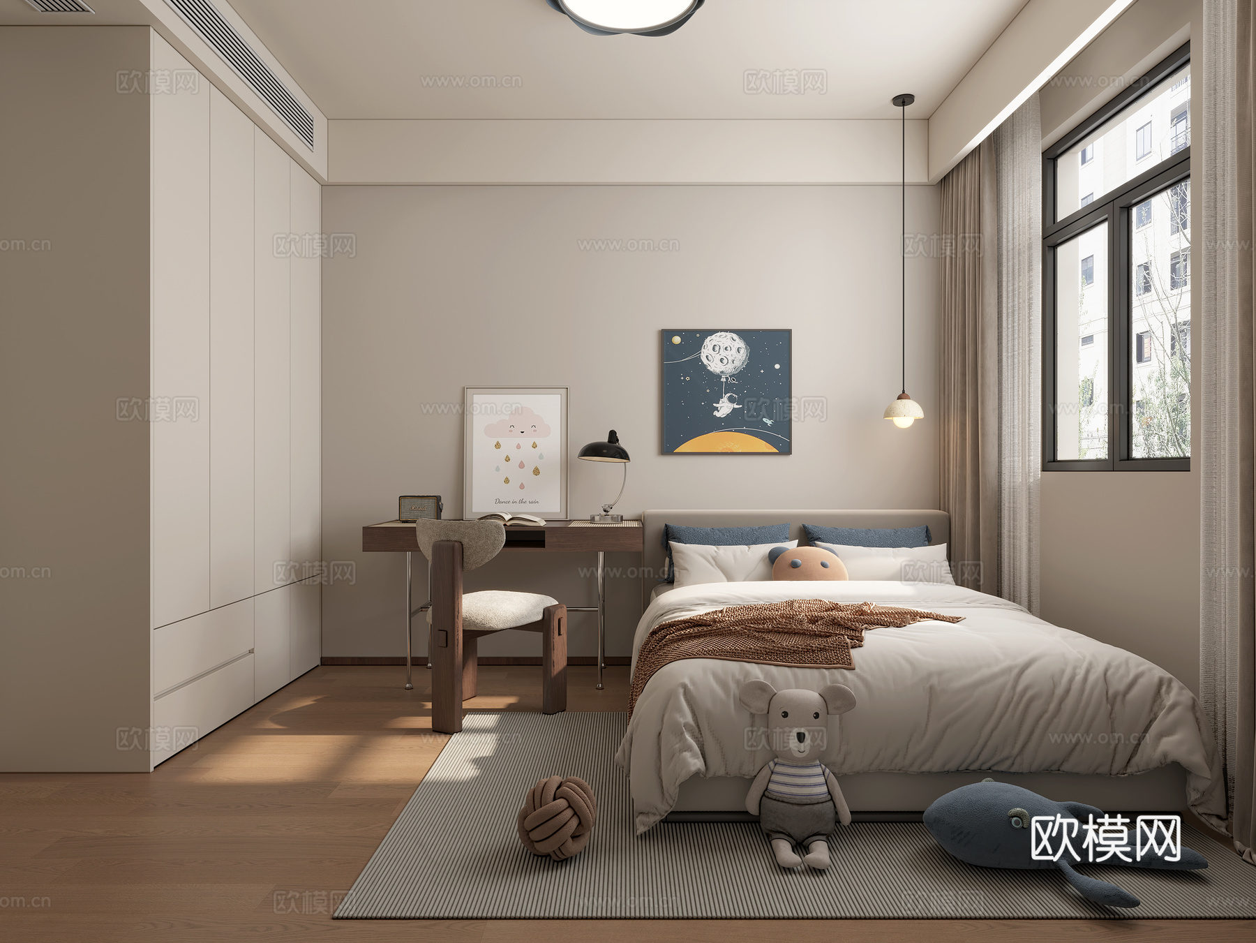 中古男孩房 书桌椅 挂画3d模型