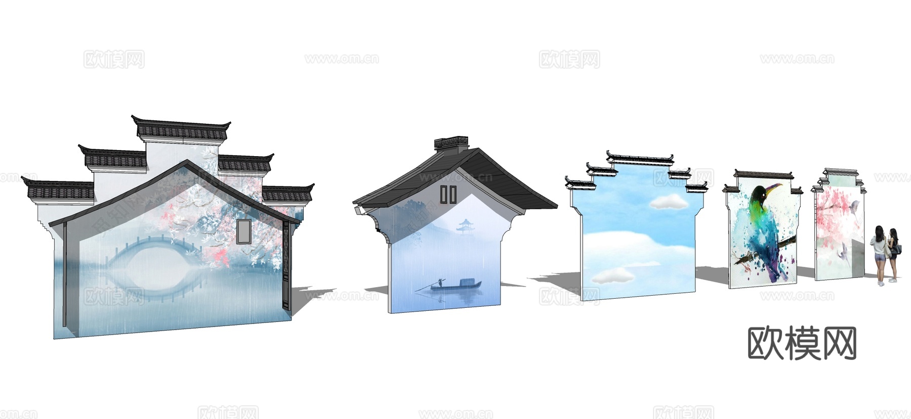 新中式马头墙 山墙 景墙 文化墙 徽派建筑su模型下载