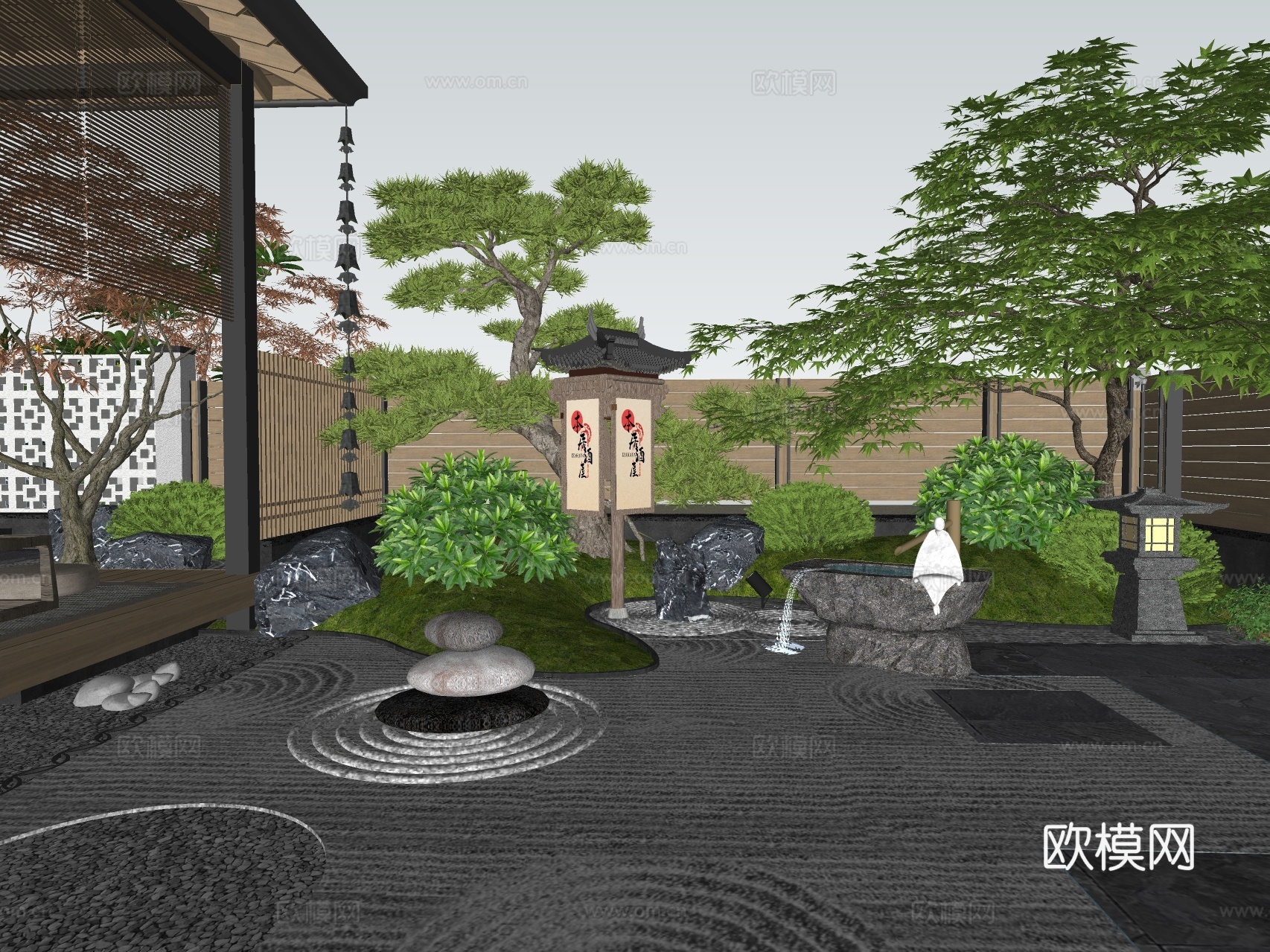 日式庭院 枯山水景观su模型下载