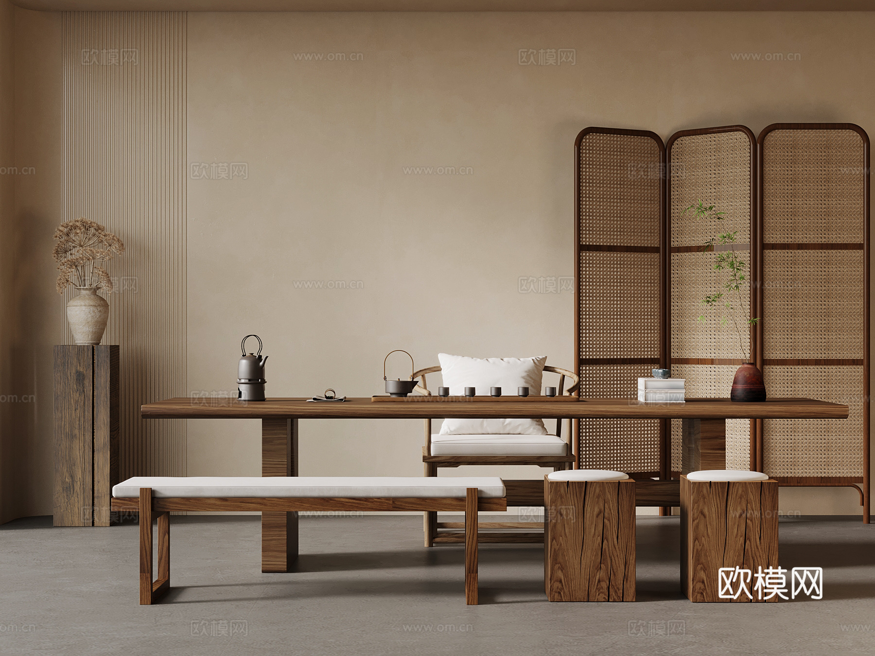25中古茶桌椅 屏风3d模型