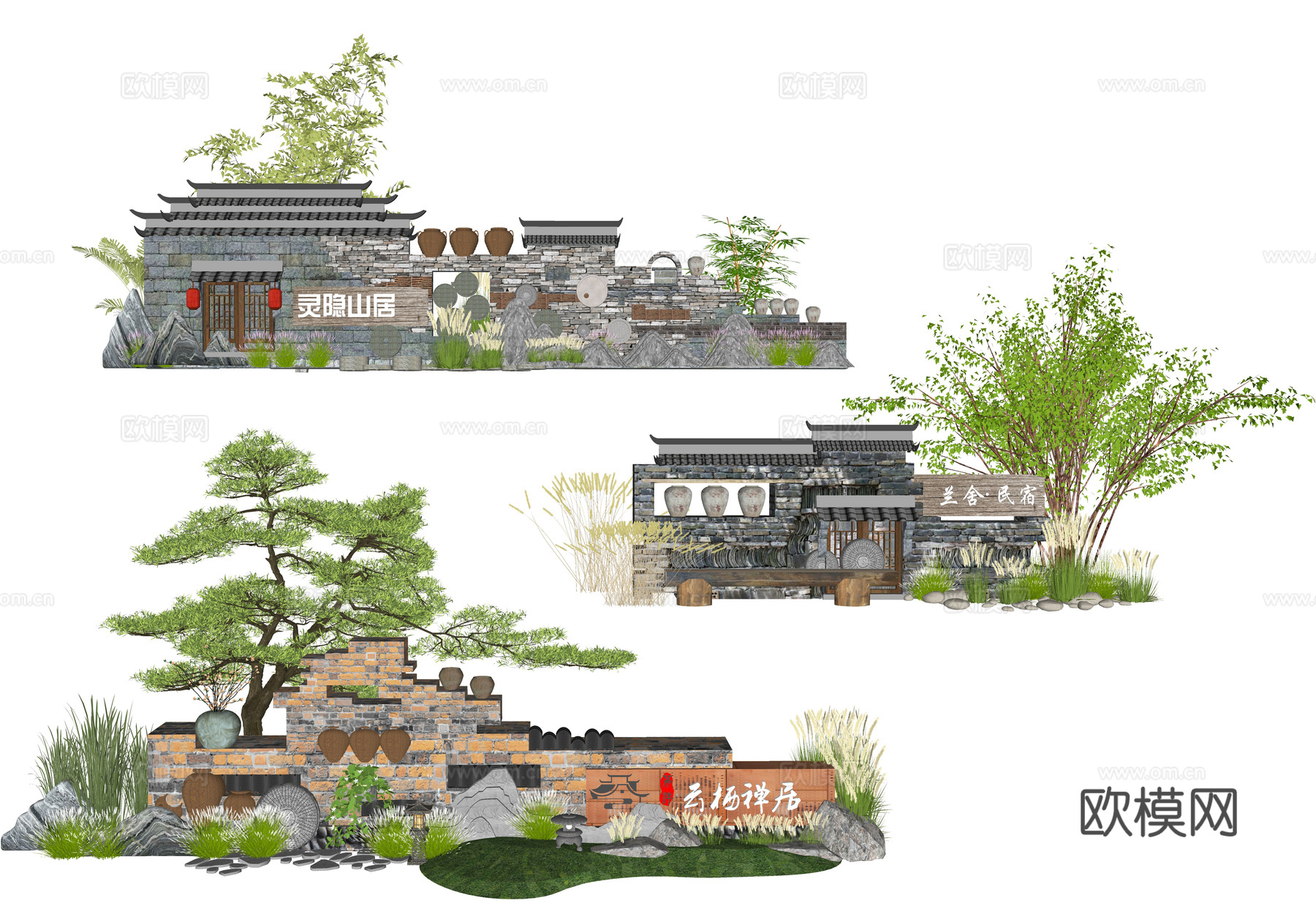 新中式乡村景墙小品su模型下载