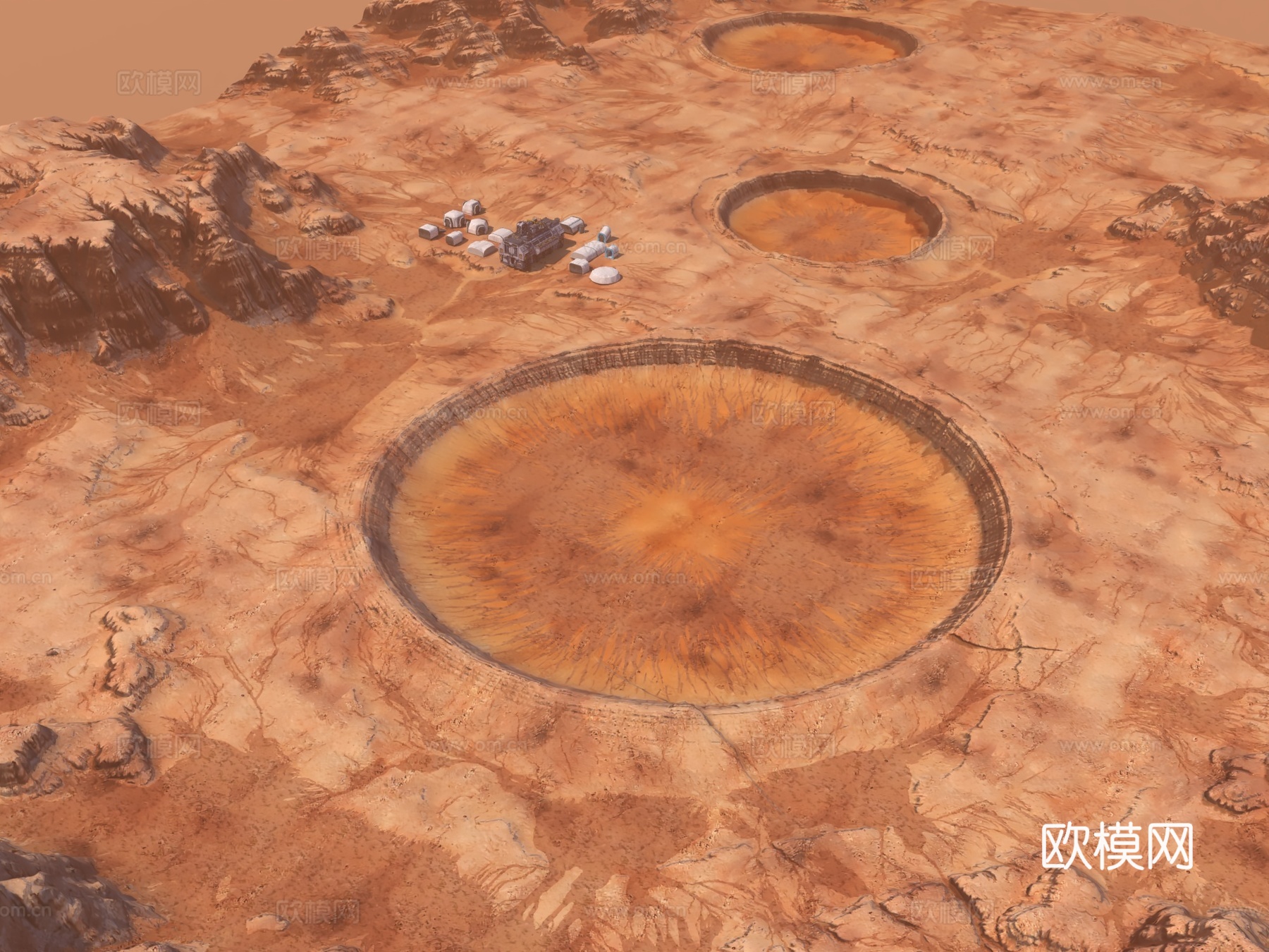 火星基地 科研设施基地 游戏场景火星表面 红色沙漠 岩石红砂岩荒漠su模型下载