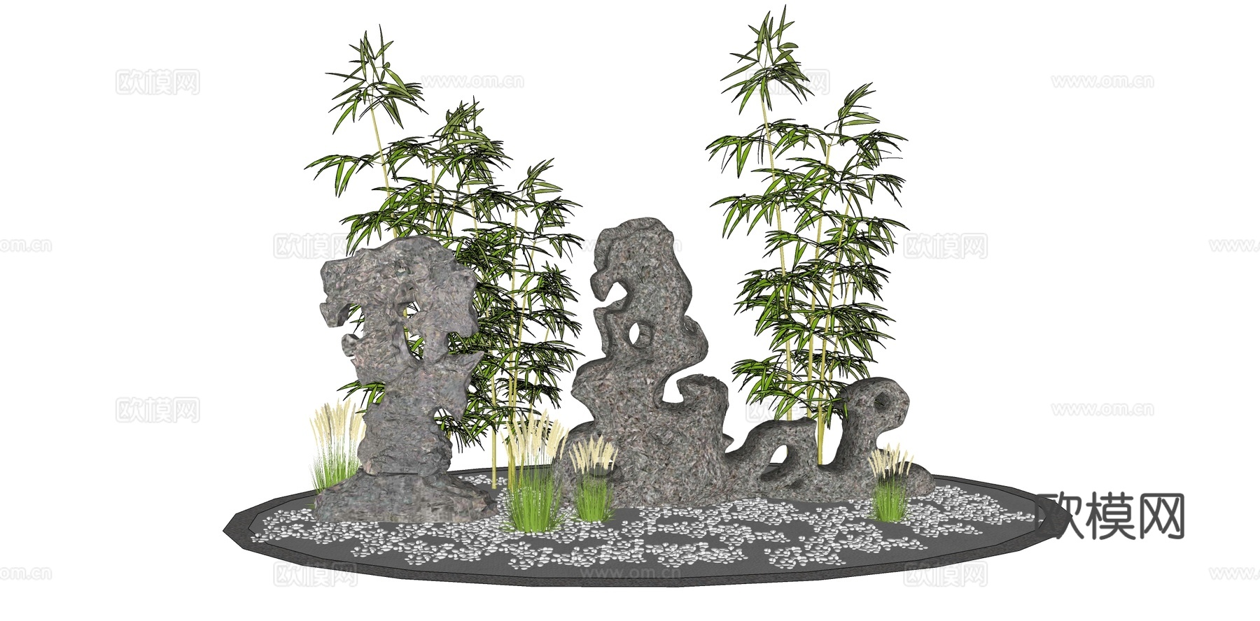 中式假山太湖石竹子景石SU下载模型