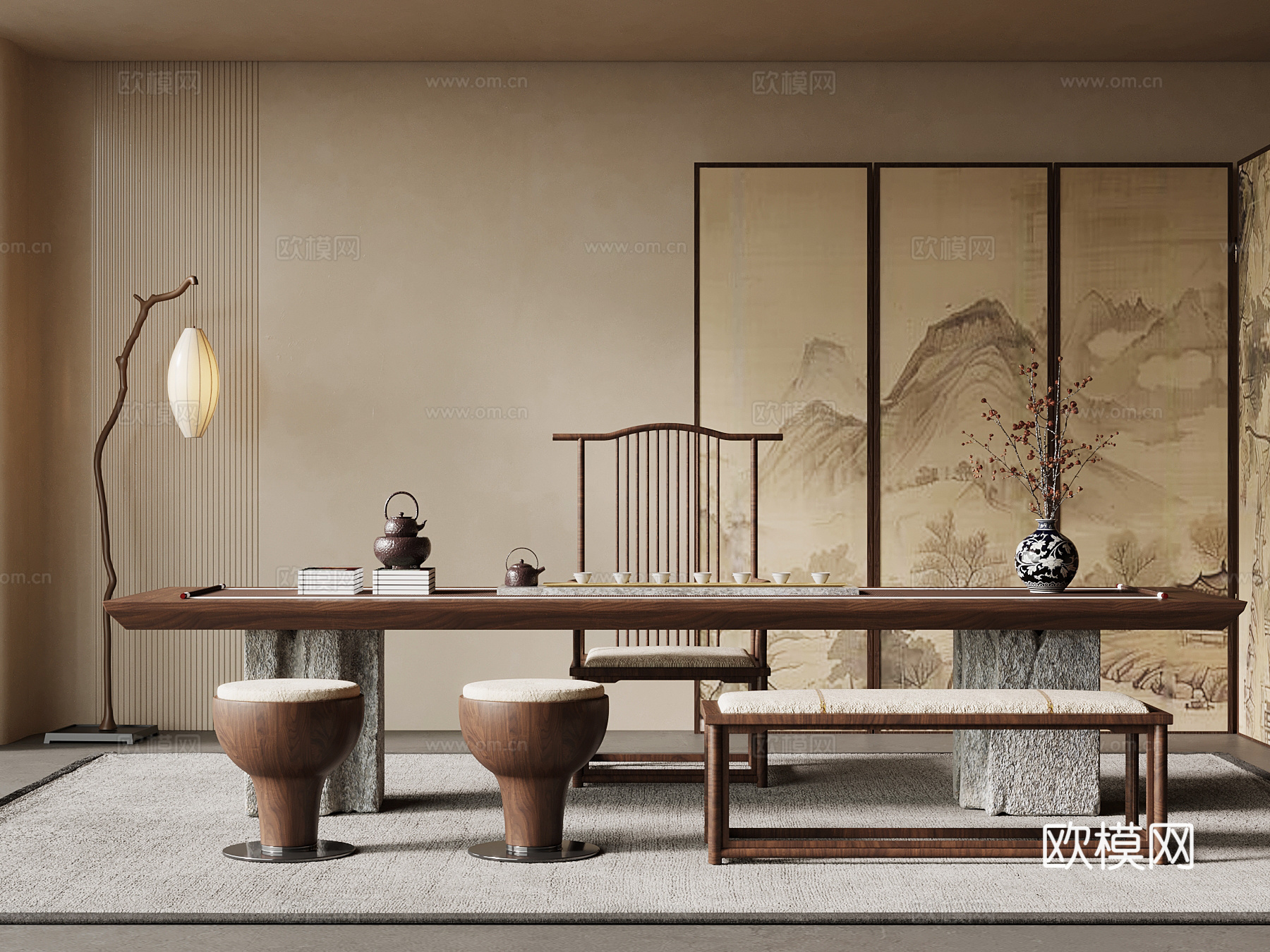 新中式茶室 茶桌椅 茶台 屏风3d模型