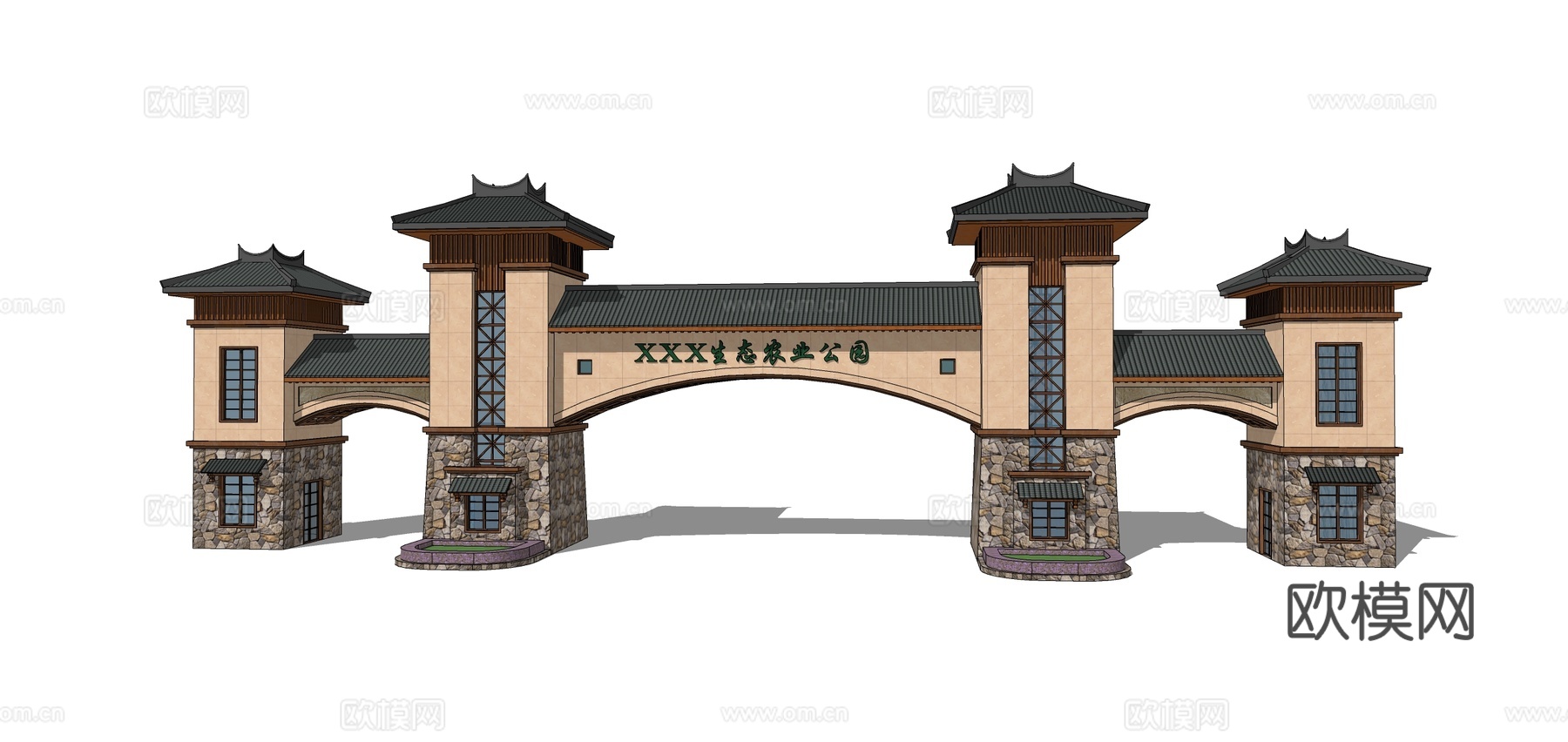 新中式景区大门门头su模型下载