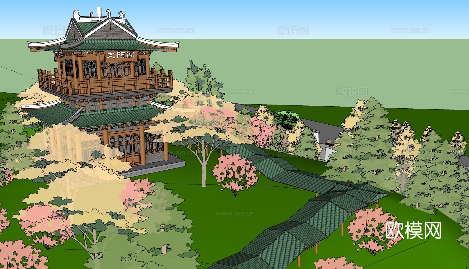 中式山地公园景观su模型下载