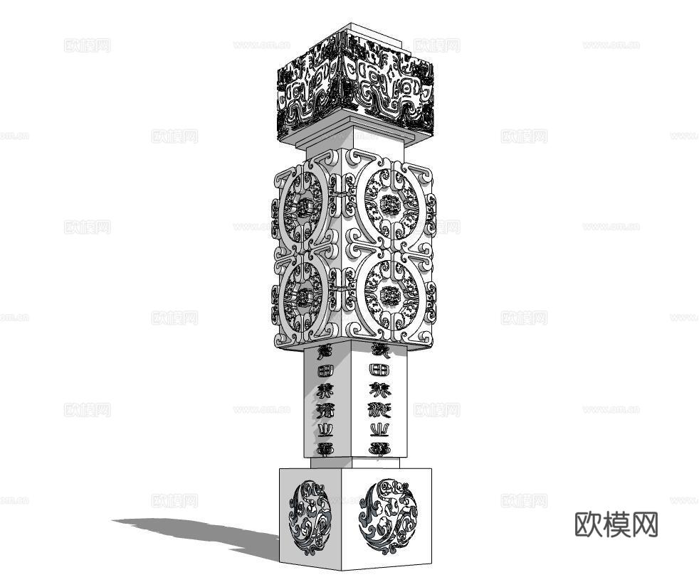 新中式文化雕刻景观柱su模型下载