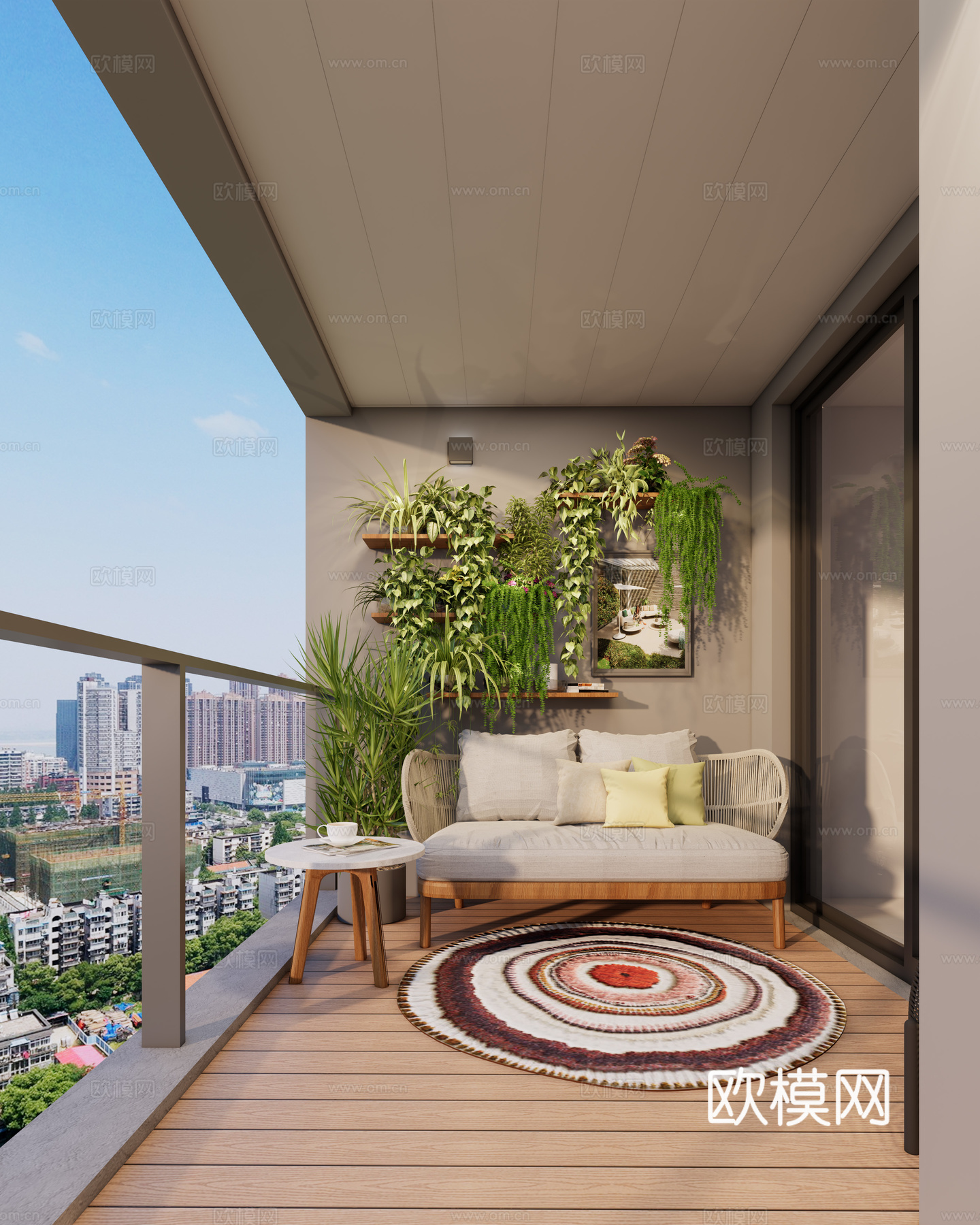 现代阳台 休闲阳台 景观阳台 休闲双人沙发 墙壁绿植装饰 绿3d模型