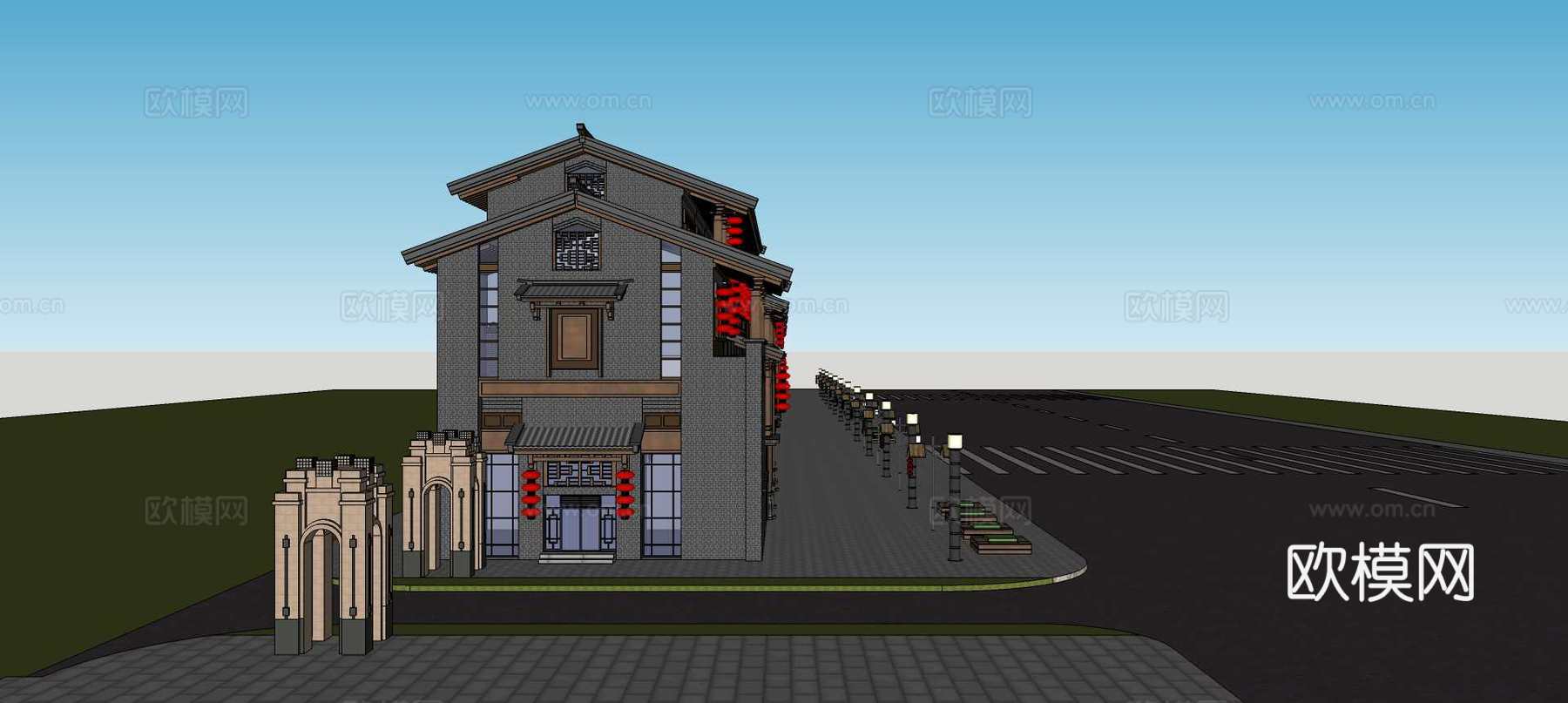 新中式沿街商业建筑su模型下载