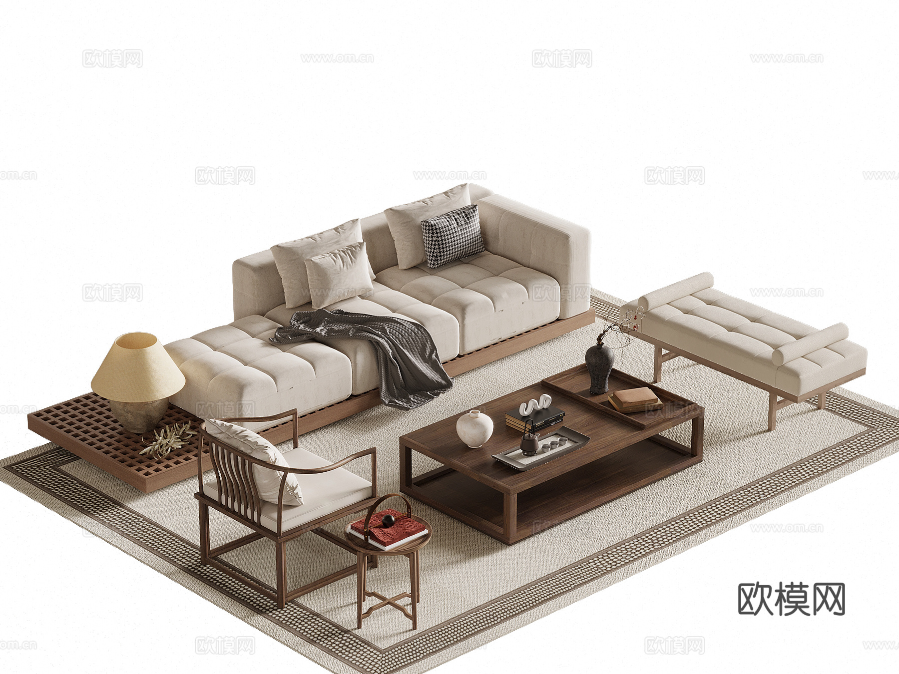 中古风沙发茶几组合su模型