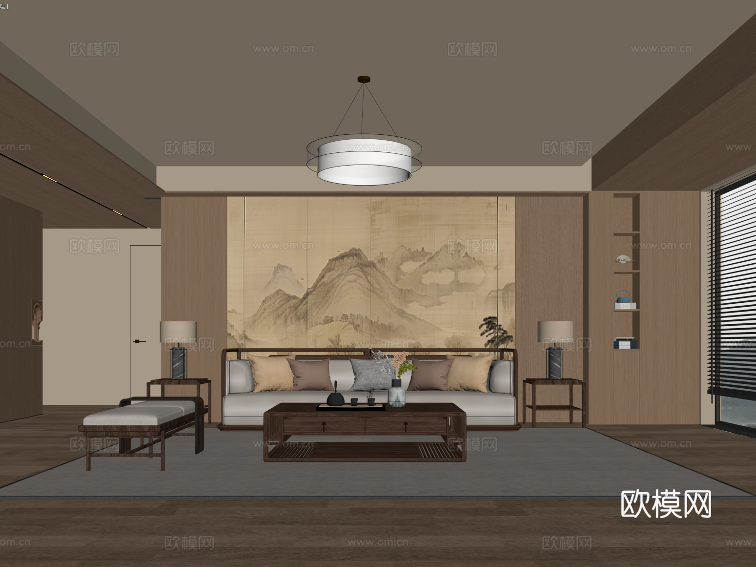 新中式客厅 沙发茶几组合su模型