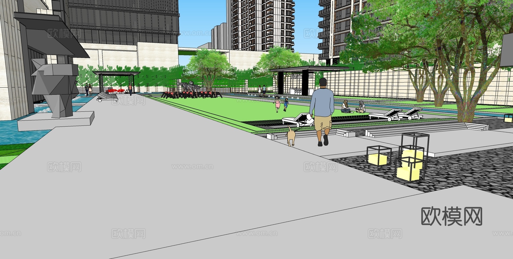 现代住宅区小区庭院景观su模型下载