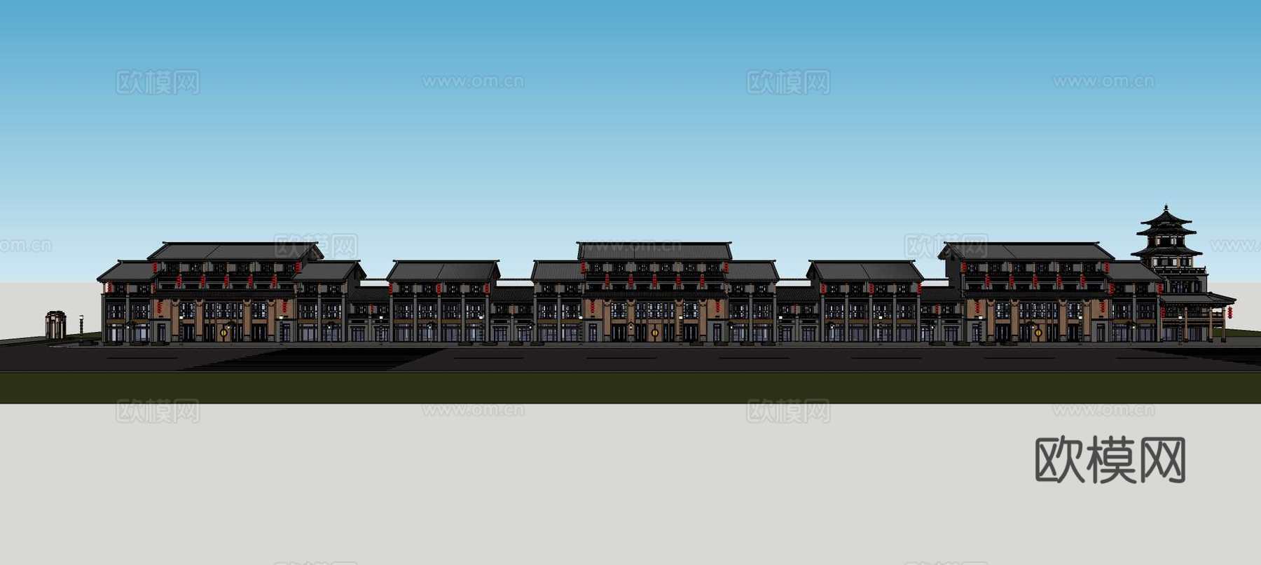 新中式沿街商业建筑su模型下载