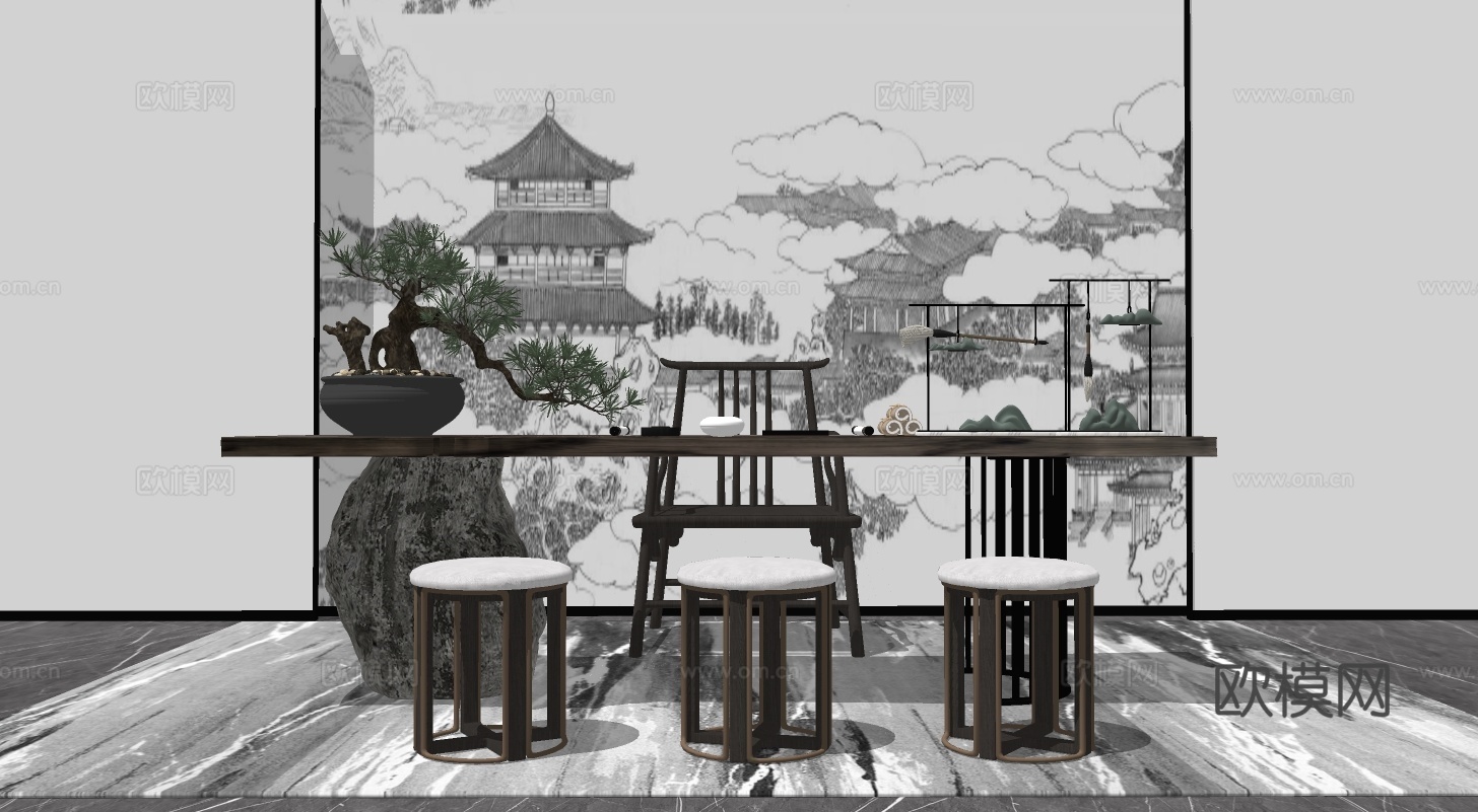 新中式茶桌椅su模型下载