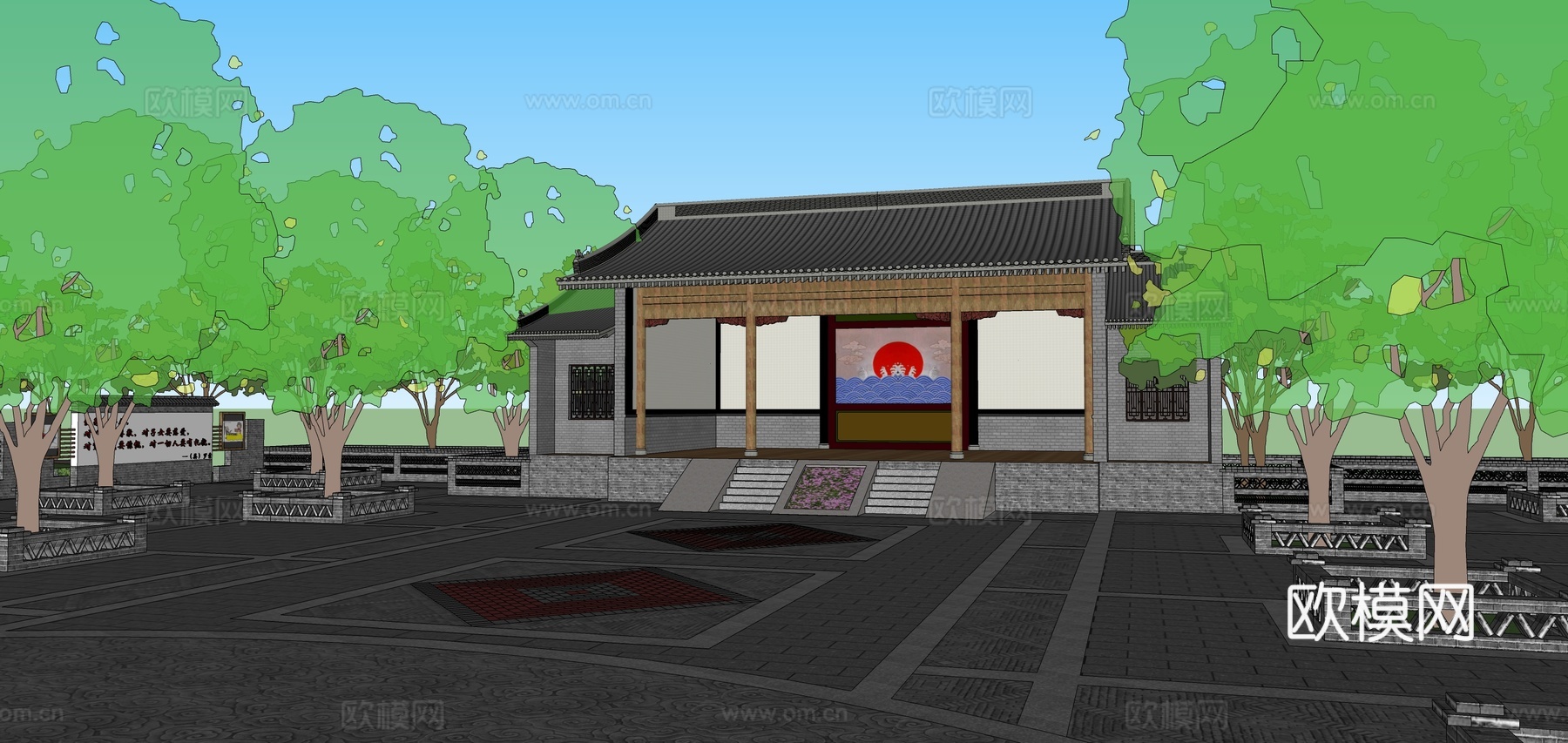 新中式广场景观su模型下载
