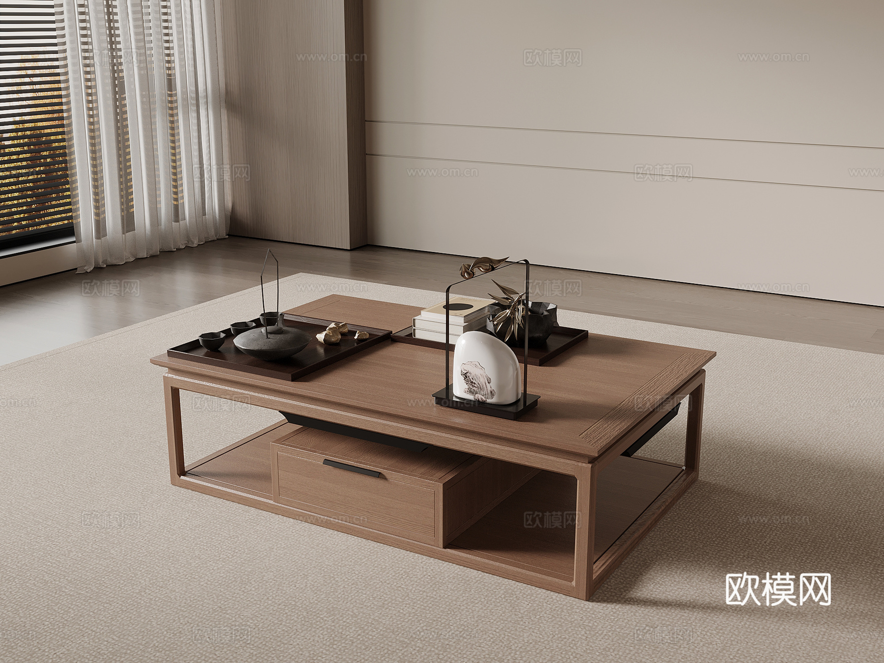 中古风茶几 实木茶几 方形茶几su模型