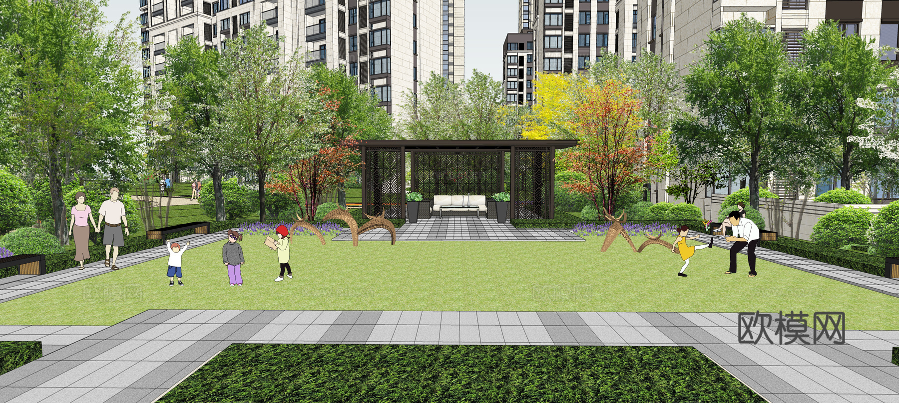 新中式庭院景观廊架su模型下载