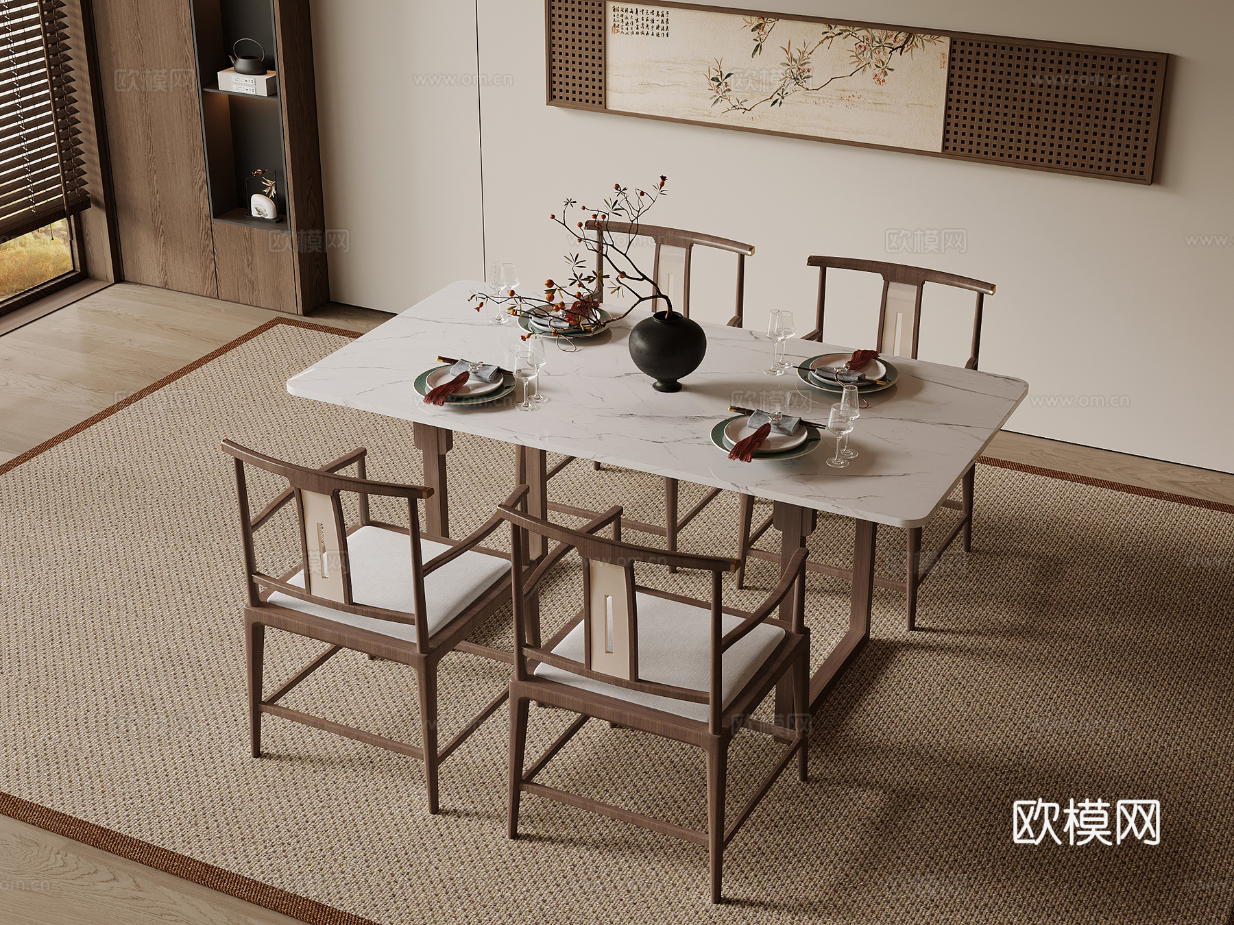 新中式餐桌椅 餐具su模型