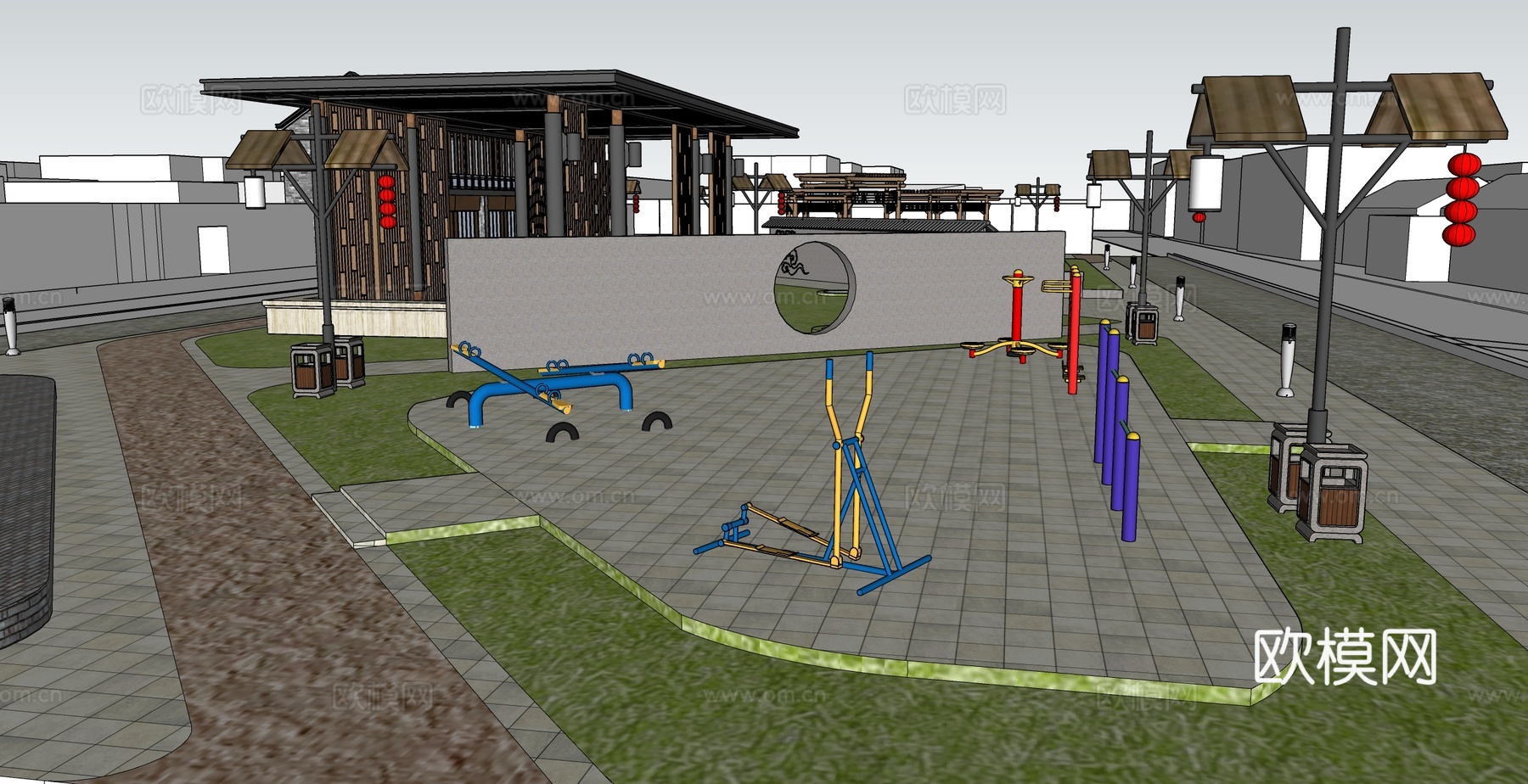 新中式商业街su模型下载