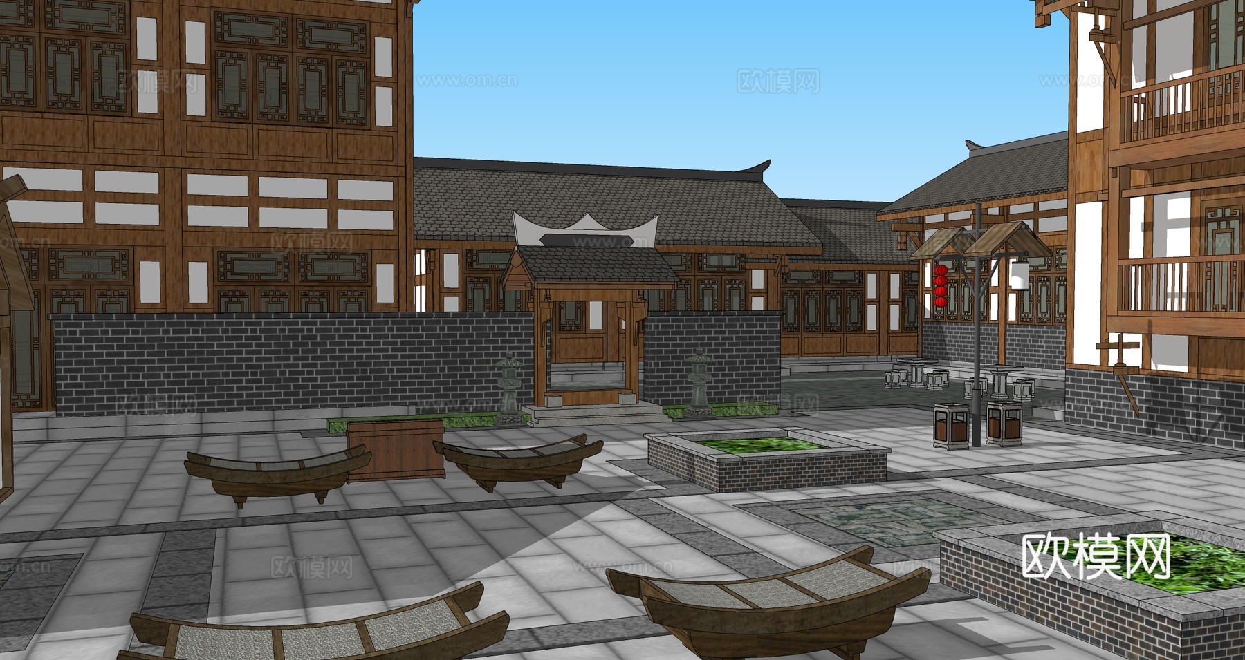中式古建商业街su模型下载