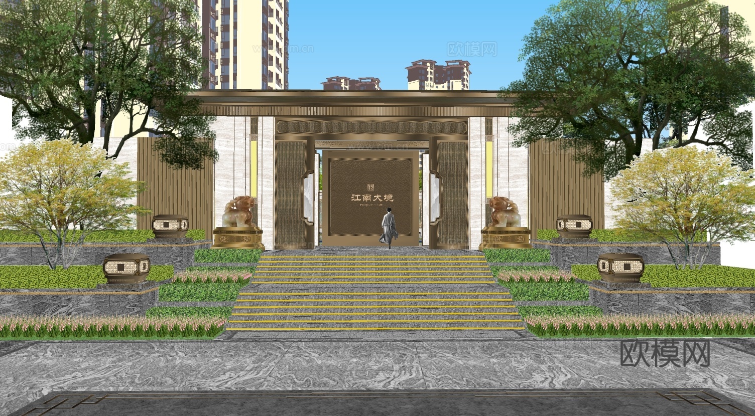 新中式小区大门su模型下载