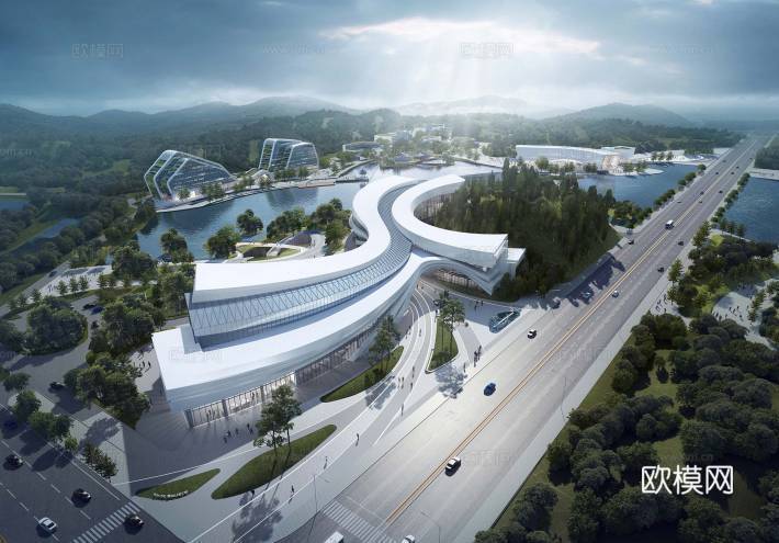 现代总部园区建筑外观su模型下载