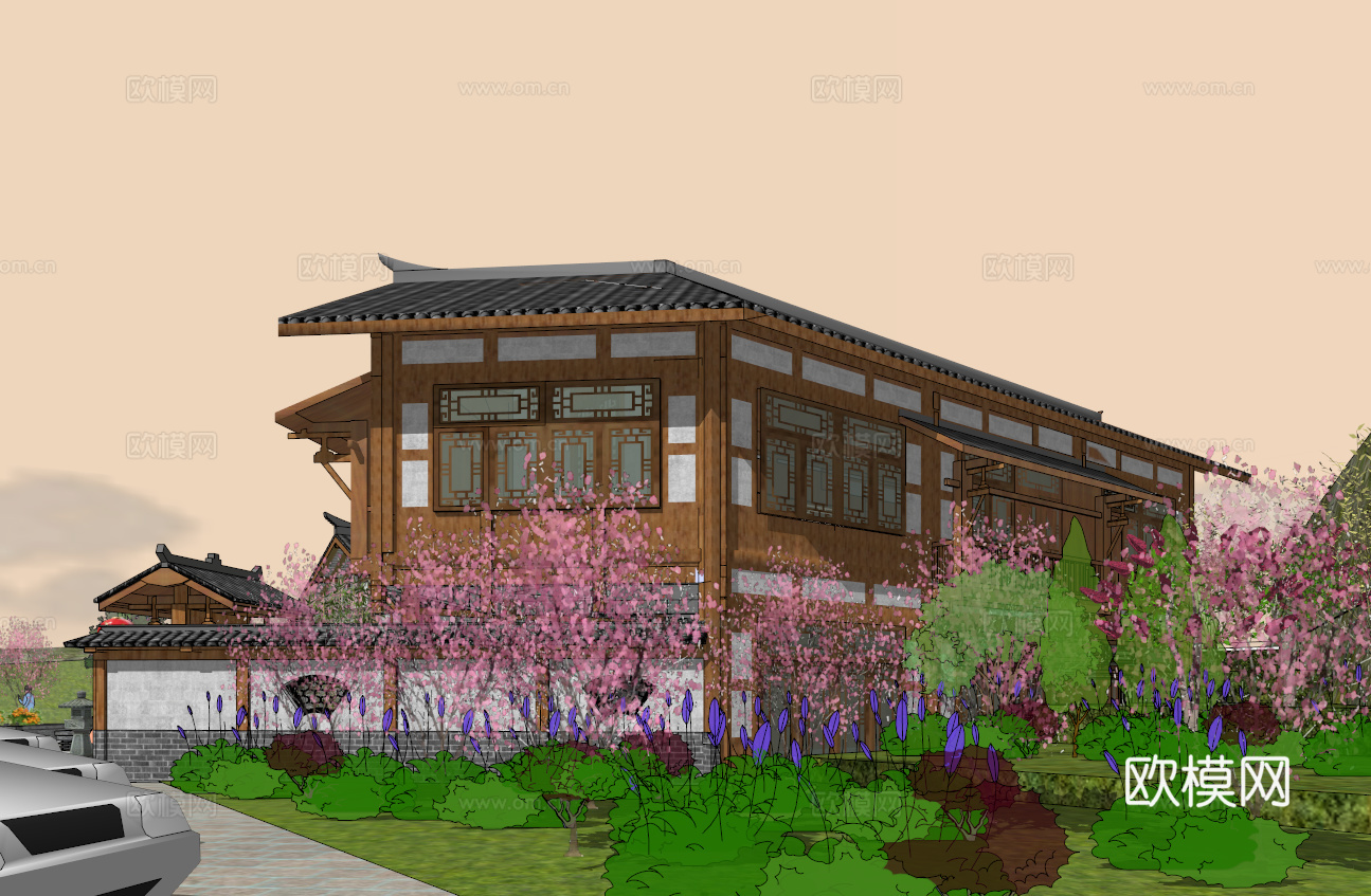 中式古建民宿院子su模型下载