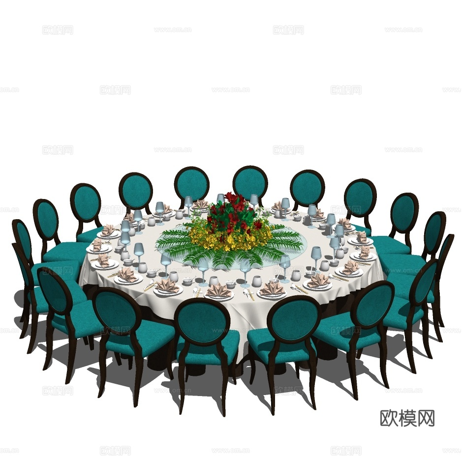 简欧圆形宴会餐桌椅su模型下载