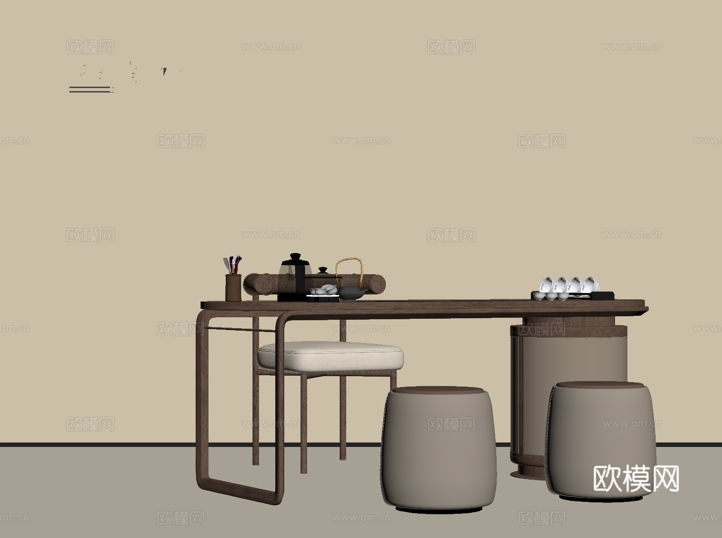 新中式小茶台 茶桌椅su模型