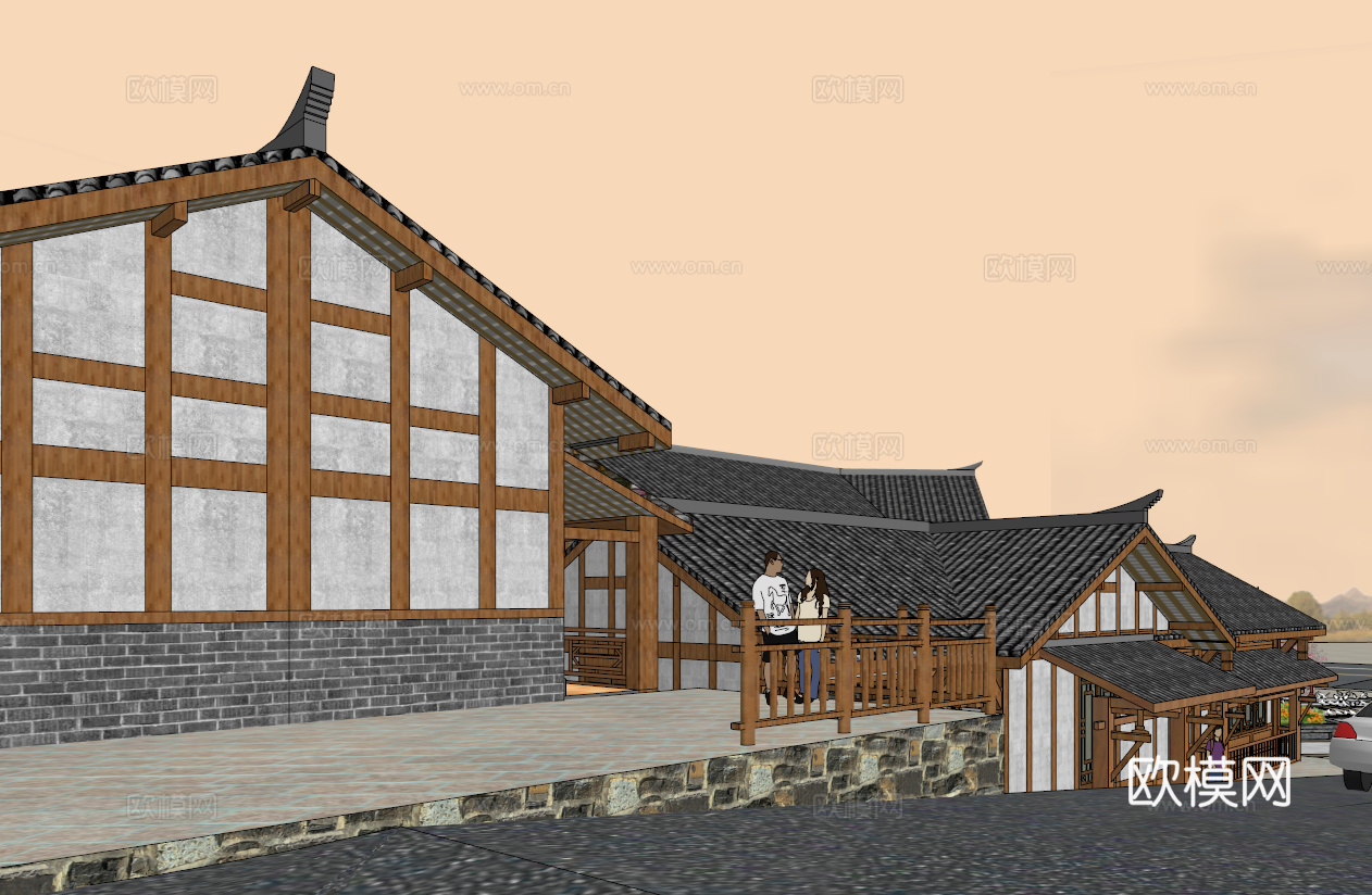 中式古建民宿院子su模型下载