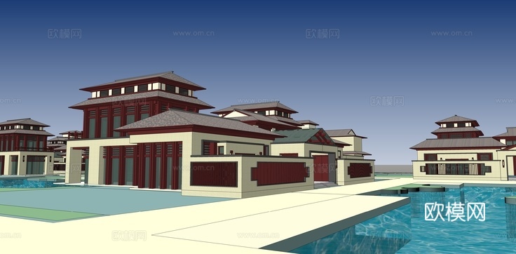 中式古建筑外观su模型下载