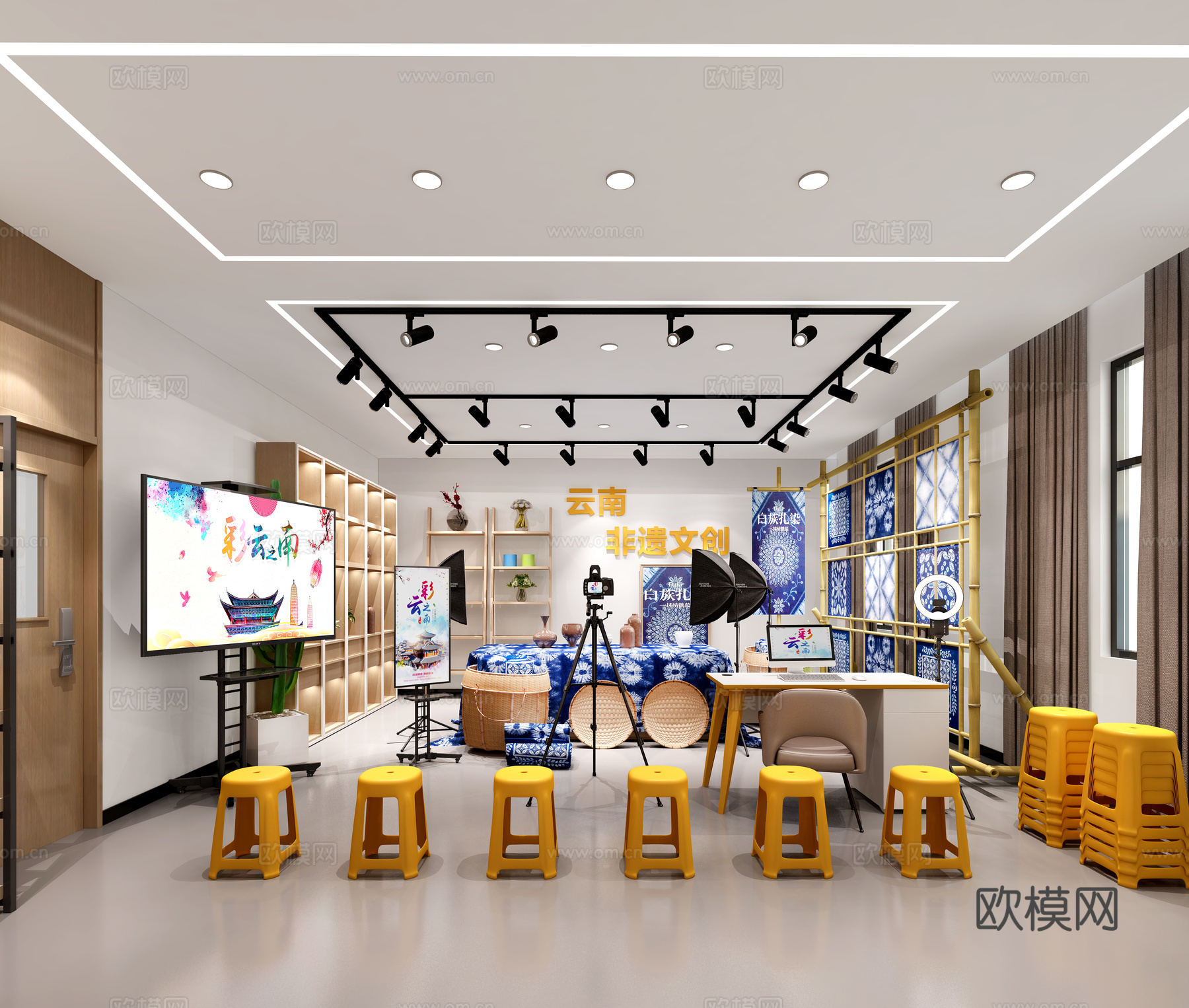 直播间 摄像机 直播灯具 直播台 商品直播间 电脑桌 电脑3d模型