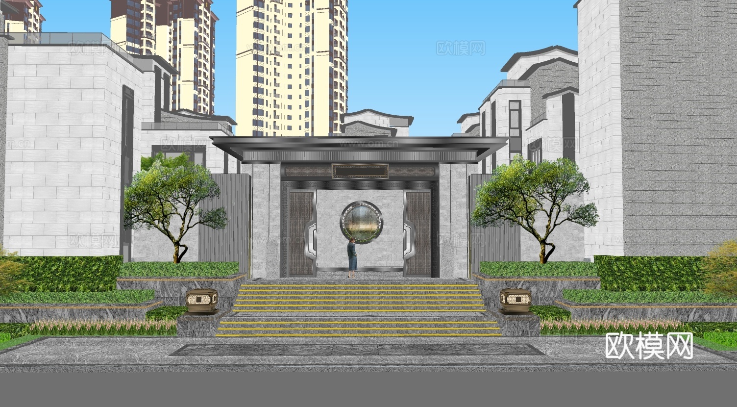 新中式小区大门su模型下载