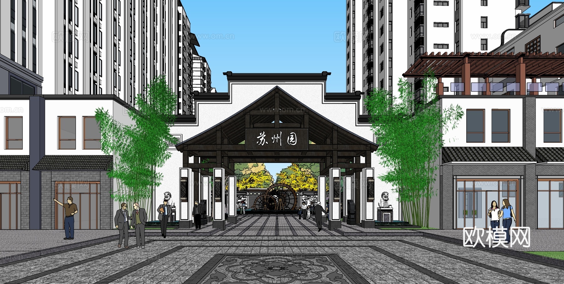 新中式小区外观su模型下载