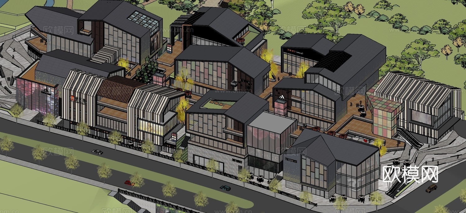新中式沿街商业建筑su模型下载