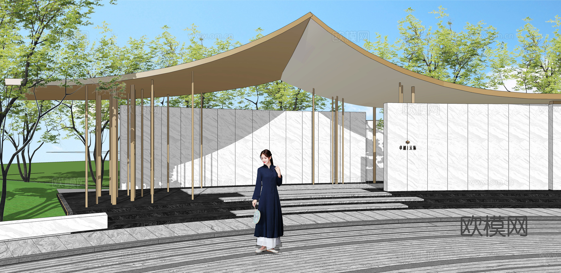 现代斜坡屋顶景观廊架su模型下载