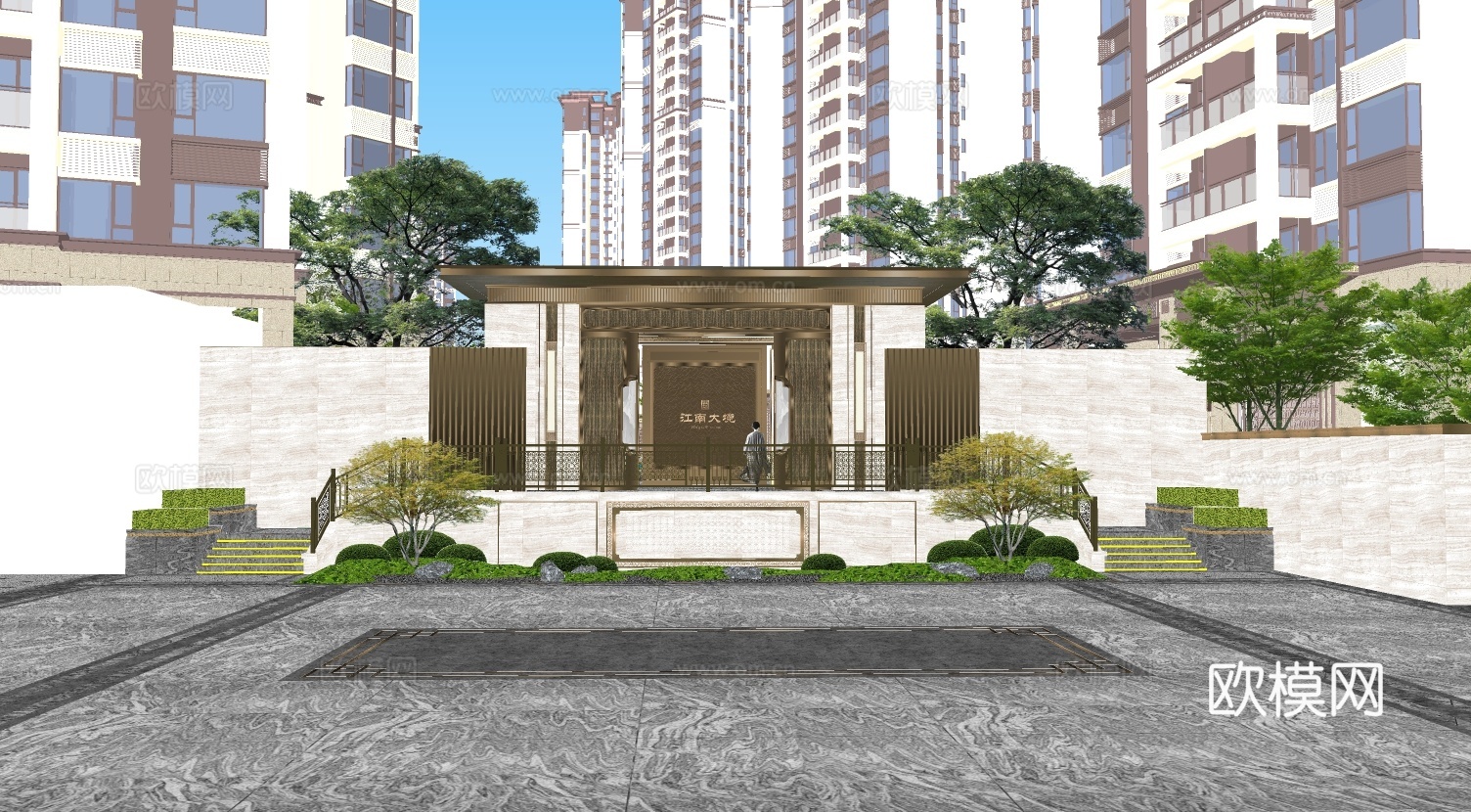 新中式小区大门su模型下载