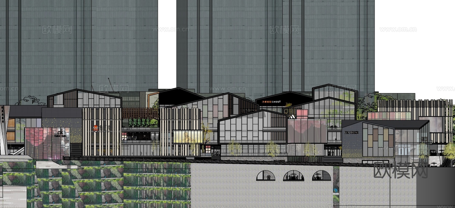 新中式沿街商业建筑su模型下载