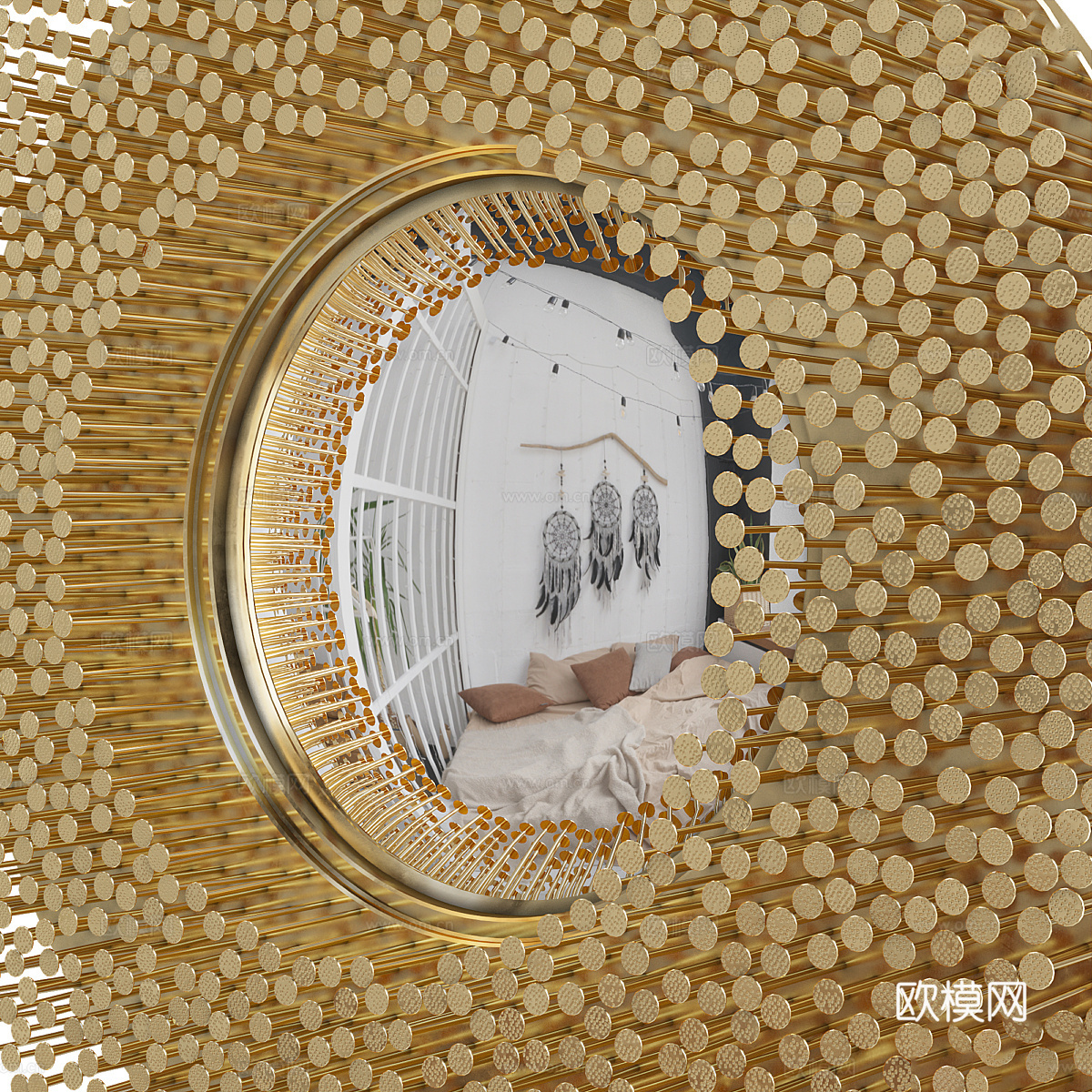 现代轻奢钉板装饰圆镜3d模型