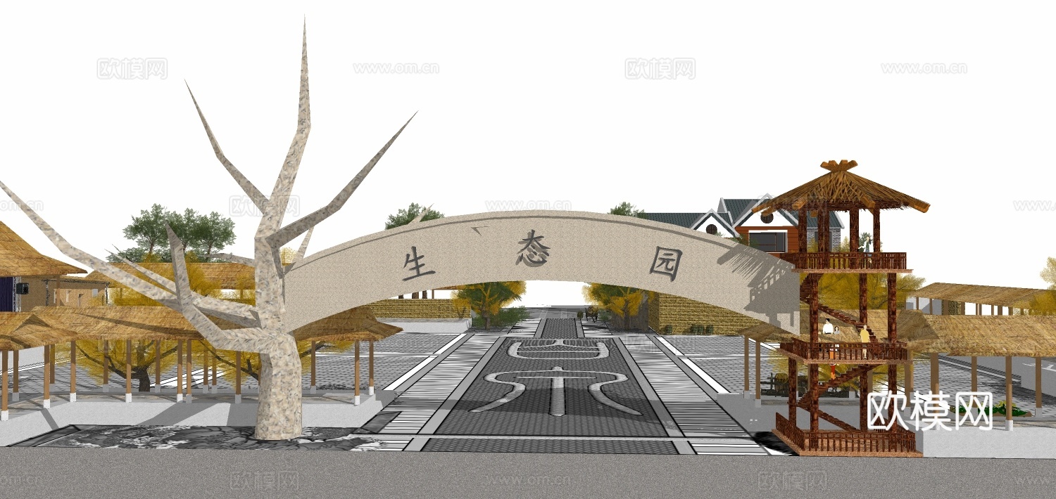 新中式生态园su模型下载